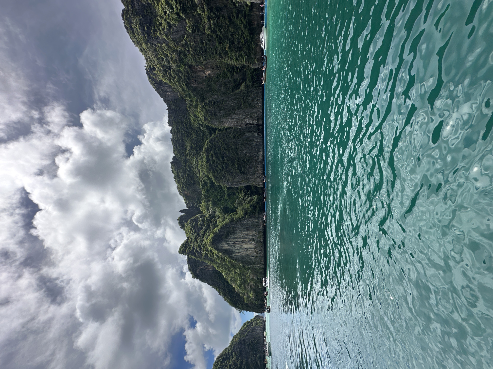The image depicts a vertical, wide-angle view of a tropical seascape. The left side of the frame is dominated by a dramatic, jungle-covered limestone karst cliff face that rises steeply from the water. The cliff is rugged and textured, with lush green vegetation clinging to its surfaces. Above the cliff, a dynamic sky filled with both white, puffy clouds and darker, more ominous clouds suggests an overcast or partly cloudy day, possibly with a chance of rain.
The right side of the image is filled with the calm, turquoise waters of the ocean. The water exhibits gentle ripples, catching the light and creating a shimmering, textured surface. In the middle ground, a line of small boats, likely longtail boats common in Thailand, are moored along the base of the cliff. Some of these boats appear to have people on them.
The overall impression is one of natural beauty and a sense of adventure or exploration. The scene is bathed in natural light, consistent with daytime. The location is identifiable as Ao Nang, Thailand, known for its stunning limestone cliffs and clear waters. The image evokes a feeling of peace and awe at the grandeur of nature. No visible text is present in the image.
