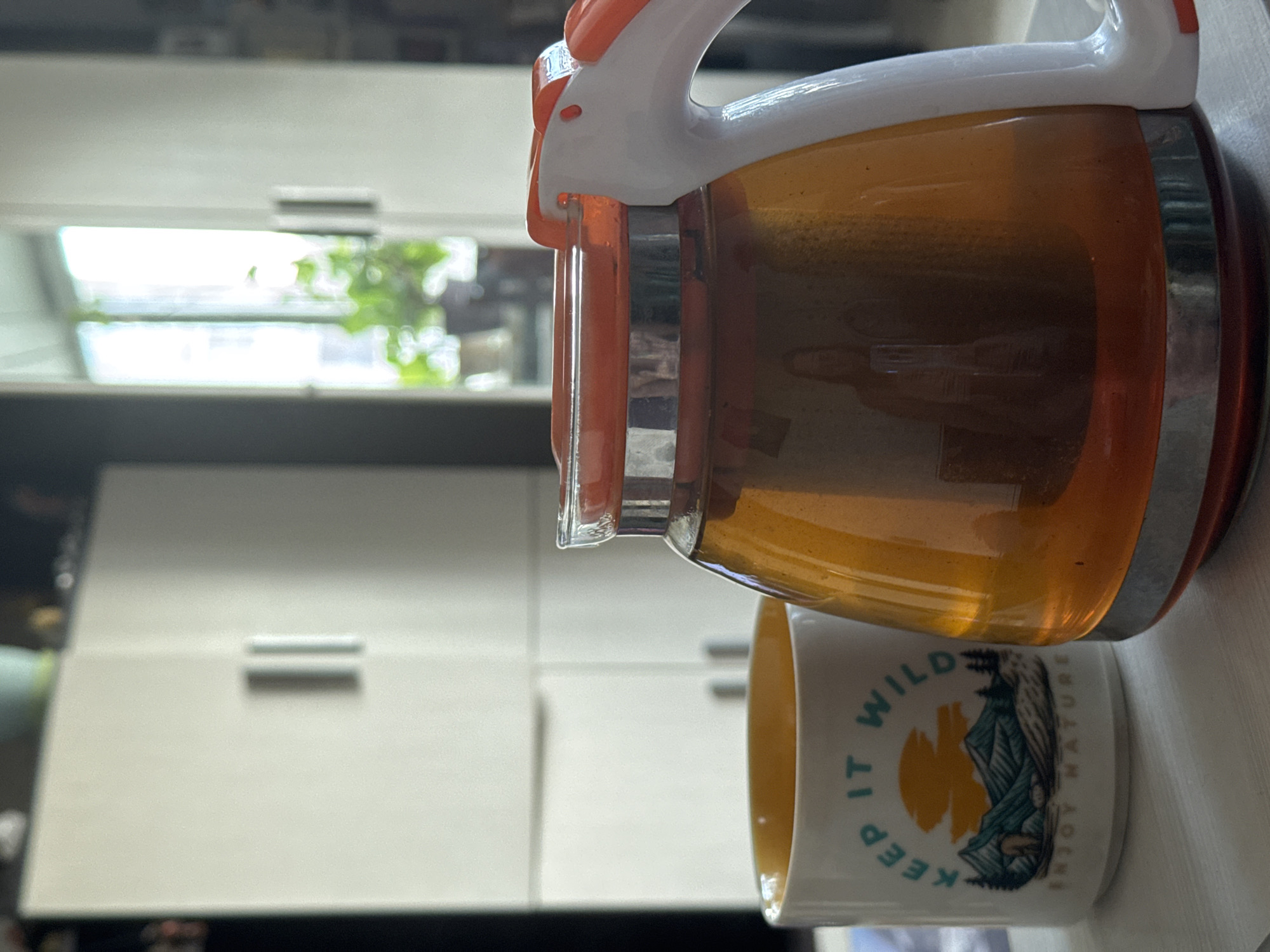 The image depicts a kitchen scene. A glass teapot with an orange handle sits next to a white mug labeled "KEEP IT WILD ENJOY NATURE". The teapot contains a brownish liquid. The background shows a white kitchen cabinet and a window with a blurred view of greenery. The location, Novo-Nikol'skoe, Russia, cannot be definitively confirmed from the given visual information.