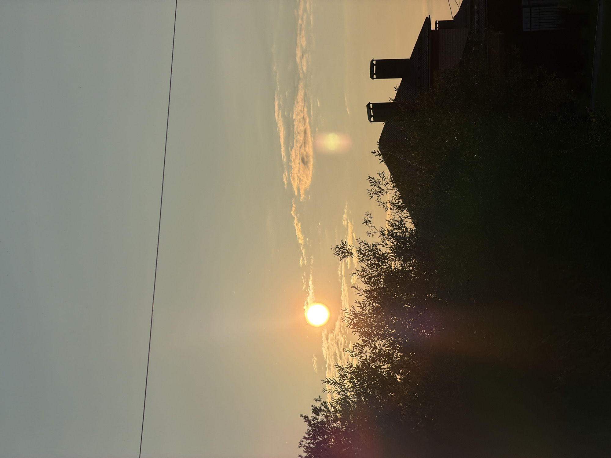 The image depicts a sunset scene with a clear sky transitioning from a light blue to a pale orange hue. A thin, dark horizontal line, likely a power line, bisects the upper portion of the frame. In the middle ground, the silhouette of a house with two prominent chimneys is visible, partially obscured by dense, dark green foliage in the foreground. The sun, a bright orb, is positioned to the left of the frame, casting a warm glow and creating lens flare effects. Wispy, light-colored clouds are scattered across the sky near the sun. The setting appears to be in an outdoor, possibly suburban or rural, environment, consistent with the location of Shmidto'vo, Russia. There are no people or visible animals in the image.