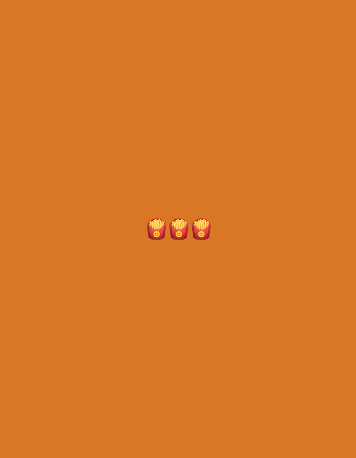 Three cartoon french fries emojis are displayed in the center of a plain orange background.