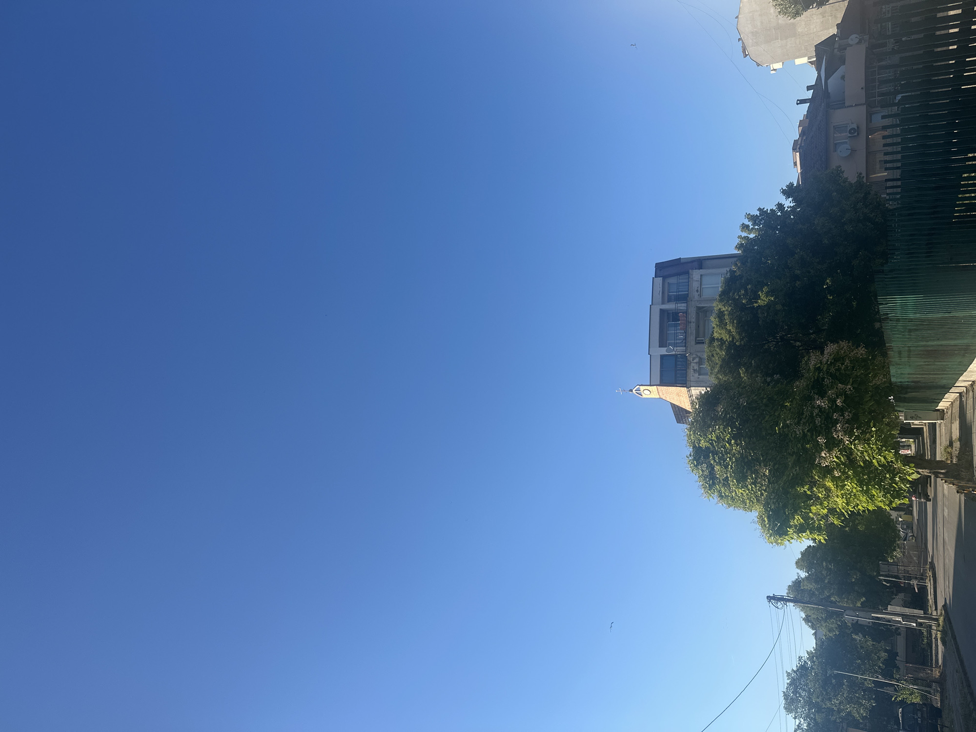 The image depicts a street scene in Varna, Bulgaria, under a clear blue sky. In the foreground, a paved street runs alongside a sidewalk with a green metal fence. Trees with lush green foliage and some blooming flowers line the sidewalk. In the background, several buildings are visible, including a tall, multi-story apartment building with balconies and a smaller, tan-colored building with air conditioning units on its exterior. A church spire with a cross is visible on top of one of the buildings. Power lines are strung across the scene, and a few cars are parked or driving on the street. A bird is flying in the sky. The overall impression is of a typical urban environment bathed in bright sunlight.