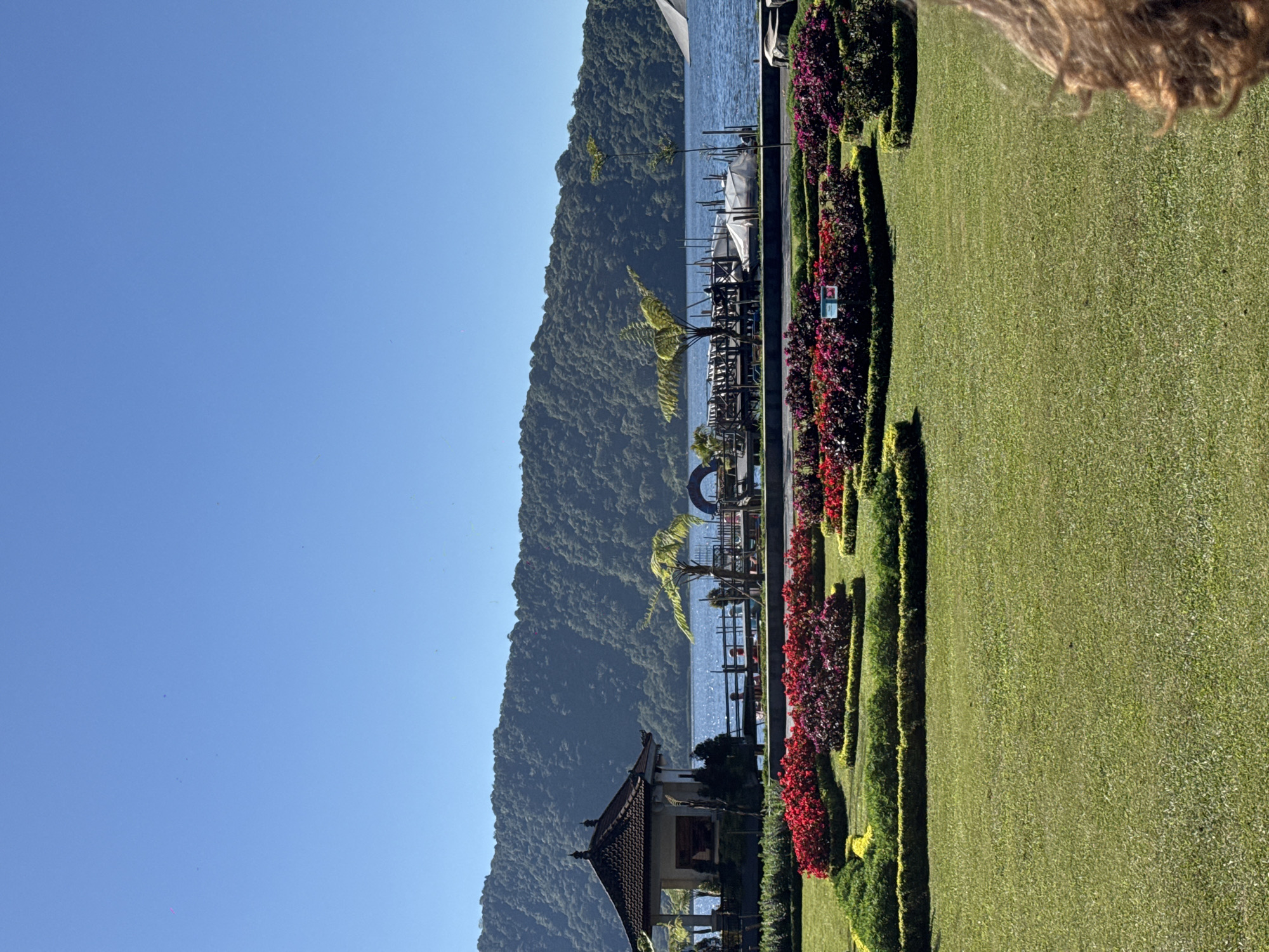 A scenic view captures a lush green lawn in the foreground, meticulously maintained with short, manicured grass. Beyond the lawn, a vibrant flower bed displays rows of red and pink flowers, interspersed with neatly trimmed green bushes. In the middle ground, a traditional Balinese building with a dark tiled roof sits to the left, its open-air structure partially obscured by lush green foliage. A wooden pier extends into a serene blue lake, with several boats moored alongside. A gently sloping, tree-covered mountain forms the backdrop, reaching towards a clear blue sky. The scene is likely located at a tourist destination near Baturiti, Indonesia, given the distinctive Balinese architecture and the natural landscape. There are no visible people in the frame, though the presence of a boat dock suggests the potential for human activity.