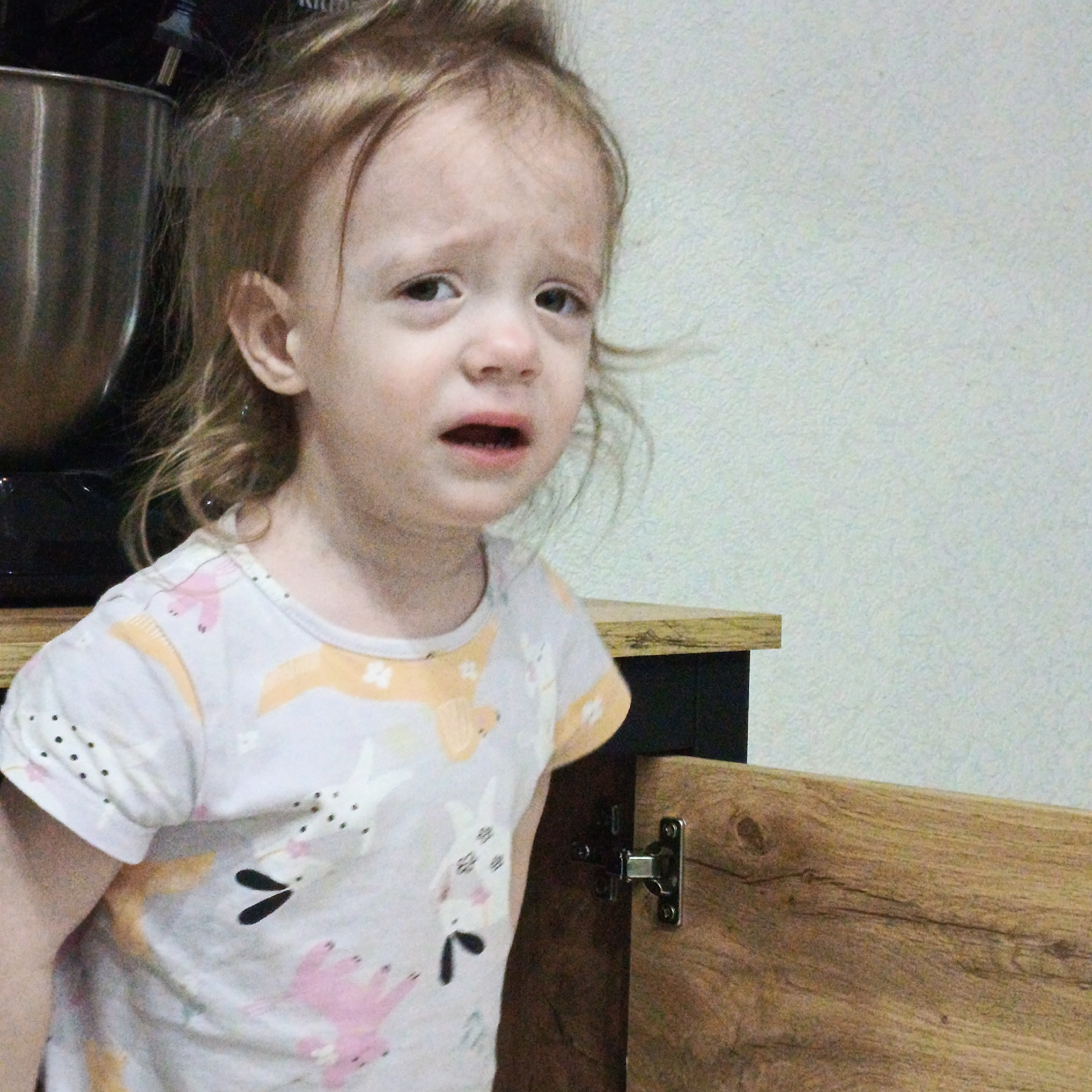 A young child, likely a toddler, is captured in a close-up, indoors. The child has light brown or blonde hair and is wearing a light-colored, short-sleeved t-shirt patterned with cartoon animals in shades of pink, white, and yellow/orange, along with black dotted accents. Their facial expression clearly conveys distress, with a downturned mouth, wet-looking eyes, and a wrinkled brow, suggesting they are sad or on the verge of crying.
To the left of the child, a silver or stainless steel mixing bowl, characteristic of a stand mixer, is partially visible. Behind it, part of a black appliance is seen, with faint text that appears to read "KITCH..." (likely from "KitchenAid"). To the child's right, a wooden cabinet or piece of furniture with a distinct grain is present, its door slightly ajar, revealing a metal hinge. The background consists of a textured, light-colored wall, possibly off-white or a very pale blue/green. The setting appears to be a home interior, potentially a kitchen or dining area. No specific time of day or weather is discernible from the image.