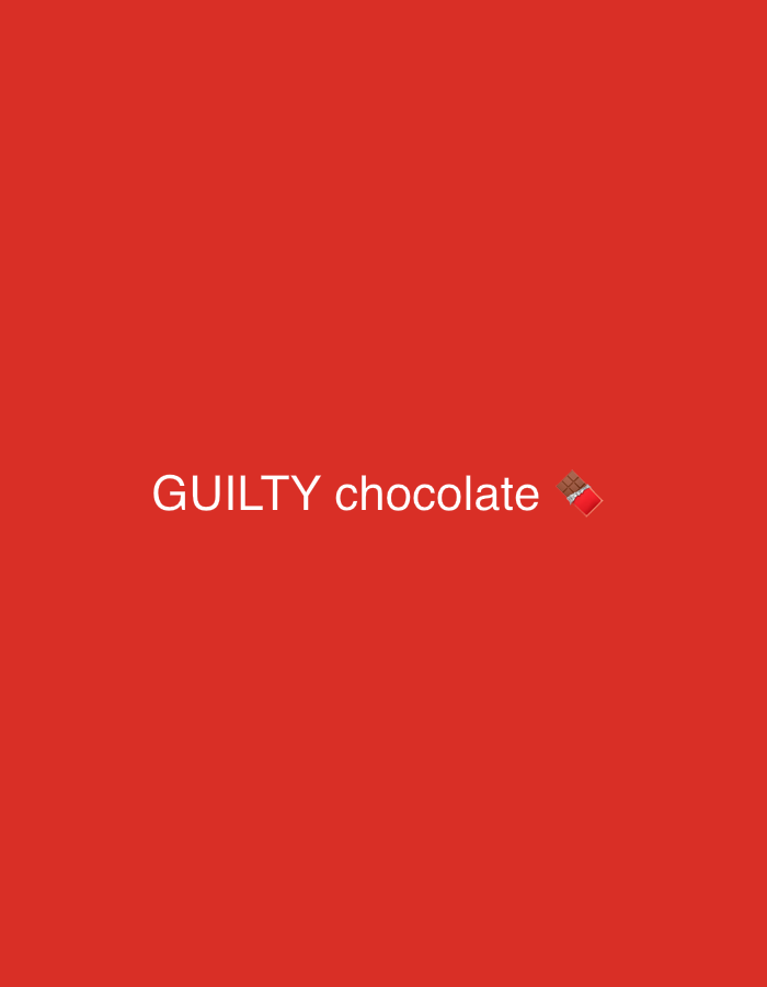 The image is a digital graphic with a plain, solid red background. Centered horizontally and slightly below the vertical midline of the image, white text reads "GUILTY chocolate". Immediately following the word "chocolate" is a brown chocolate bar emoji, partially unwrapped to show the chocolate inside, with a red wrapper. There are no people, explicit objects beyond the text and emoji, or specific events depicted. The background is uniformly colored, suggesting a minimalist design. There are no discernible location cues or time of day indicators within the image itself, but the context provided places it in Mollet del Vallès, Spain. The text "GUILTY chocolate" evokes a feeling associated with indulgent consumption.