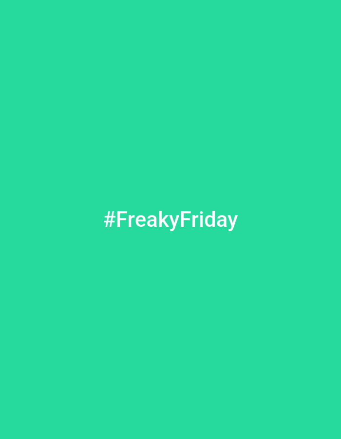 The image features a minimalist design with a solid, vibrant green background. The specific shade of green is a bright, clear hue, reminiscent of mint or seafoam green. Centered on this monochromatic backdrop is the white text "#FreakyFriday". The font is a clean, sans-serif style, providing high contrast against the green background, making the text easily legible. There are no other subjects such as people, objects, or a detailed scene visible in the image. No activity or event is taking place; the image is purely a static display of text on a colored background. There are no notable details regarding time of day, weather, or specific location cues. The overall impression is a simple, direct communication of the hashtag.