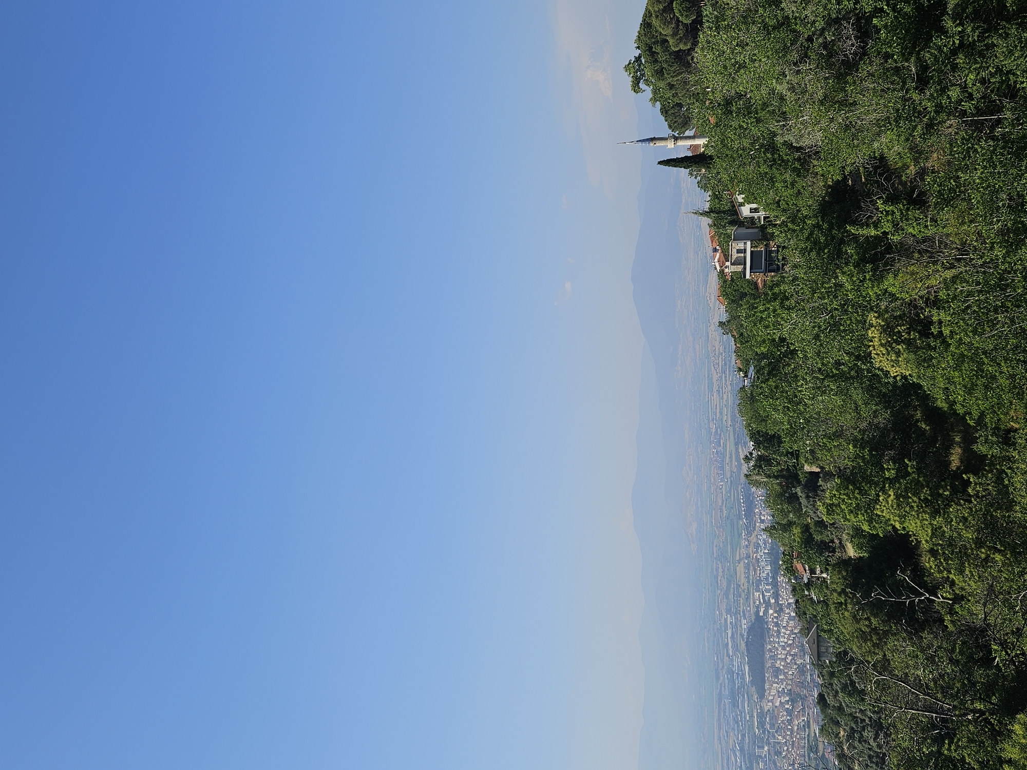 This detailed image presents an elevated panoramic view of the city of Tire, Turkey. The upper portion of the frame features a vast, clear, light blue sky with a few faint clouds visible on the right horizon. Distant, hazy mountain ranges are visible across the mid-line of the image, appearing as layered blue-grey forms. Below these mountains, the expansive valley of Tire stretches out, revealing a mix of urban development with numerous buildings and tracts of agricultural land. The lower and right side of the image is dominated by a densely vegetated hillside covered with vibrant green trees and foliage. Nestled within this greenery on the right, a white mosque minaret with a blue conical roof stands prominently. Below and to the left of the minaret, several residential buildings with varied architectural styles, including a modern multi-story structure and houses with terracotta roofs, are partially visible amidst the trees. Tall, slender cypress trees are also present near the mosque. The scene is devoid of people and is illuminated by bright daylight.