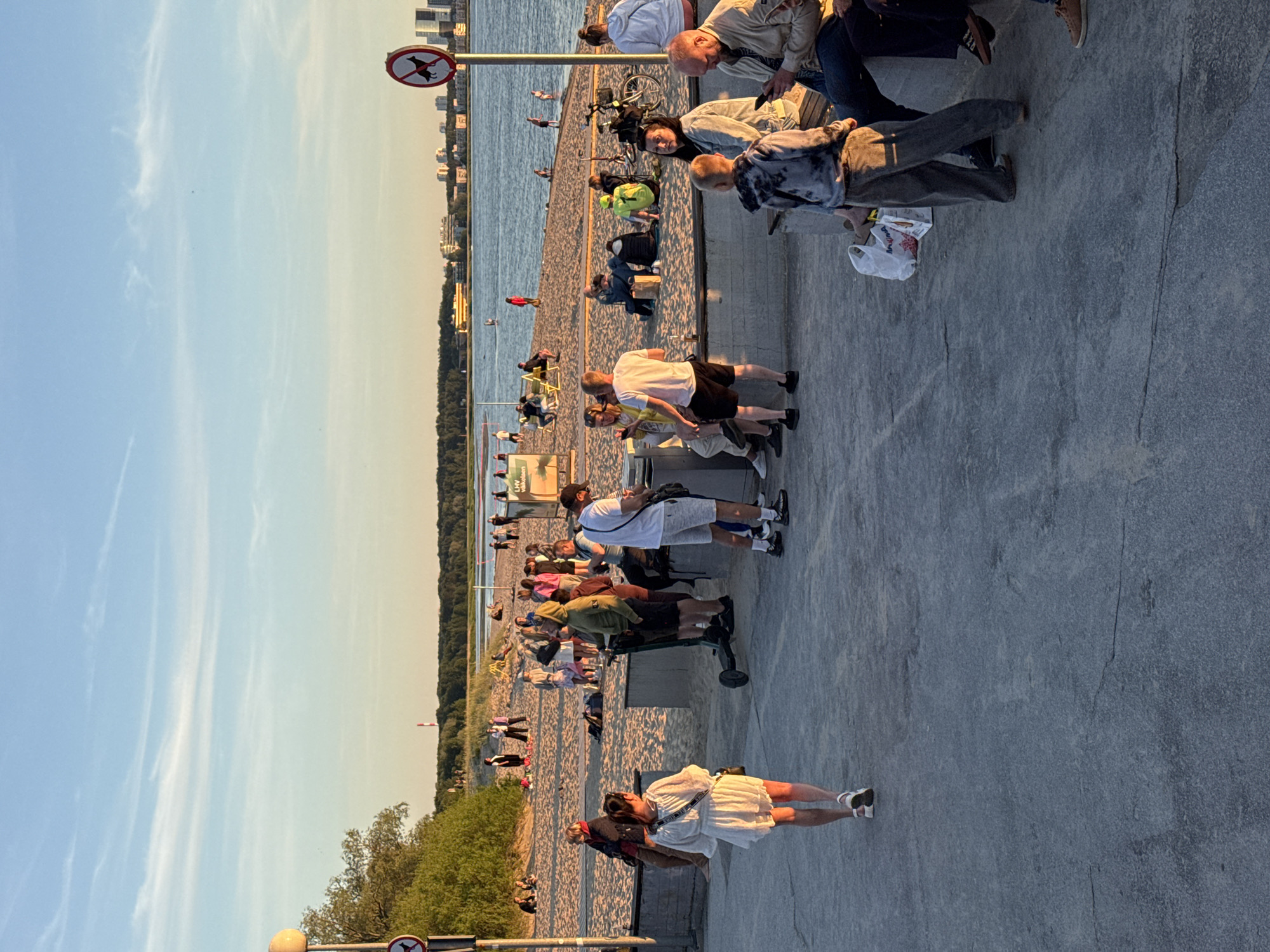 This image depicts a lively scene at the beach in Tallinn, Estonia, during what appears to be the golden hour of a summer evening. The foreground features a concrete walkway with several individuals gathered. A woman in a white dress is walking away from the camera, while a group of people, including a child in a tie-dye shirt, are seated on a low wall. To the right, a man is looking at his phone, and another man is seated next to him. In the middle ground, a diverse group of people are socializing on the sandy beach, some sitting on blankets, others standing. Among them, a person in a bright yellow jacket is a noticeable figure. The beach itself is lined with trees and vegetation, creating a scenic backdrop. Beyond the beach, the calm waters of the bay stretch out, with a distant cityscape visible on the other side, featuring buildings and a prominent red and white tower. A "no dogs" sign is visible on a pole near the water's edge. The overall atmosphere is relaxed and social, with people enjoying the evening by the sea.