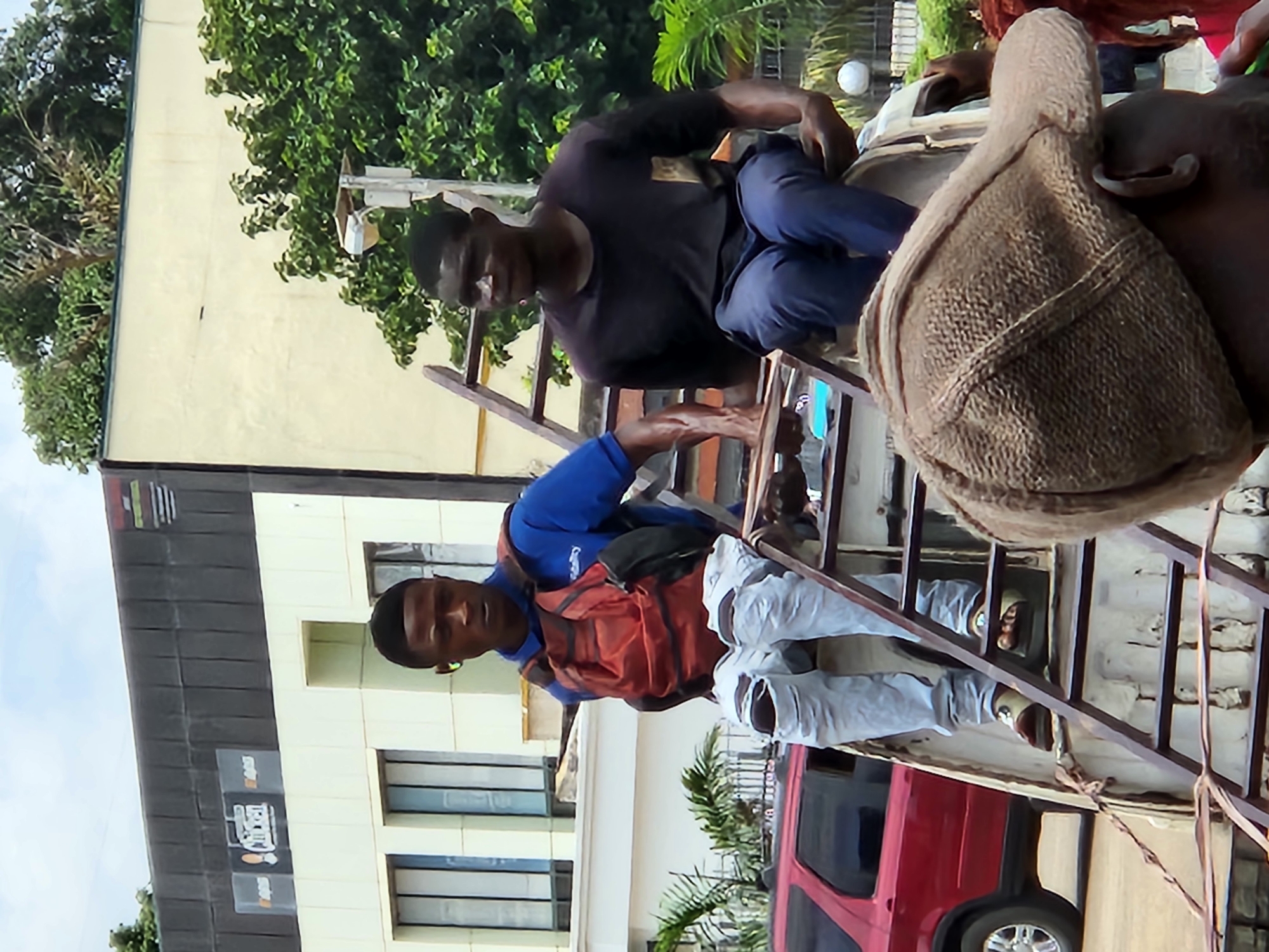 Two young Black men are standing on the back of a flatbed truck, which is equipped with a metal ladder. The man on the left is wearing a blue shirt, ripped light-wash jeans, and a red backpack. He is looking forward. The man on the right is wearing a dark t-shirt, blue pants, and sitting on the truck. He is looking to the left. The truck is parked next to a red SUV. Behind the truck is a building with a cream-colored facade and a dark-colored roof. Trees and foliage are visible in the background. The sky is overcast.