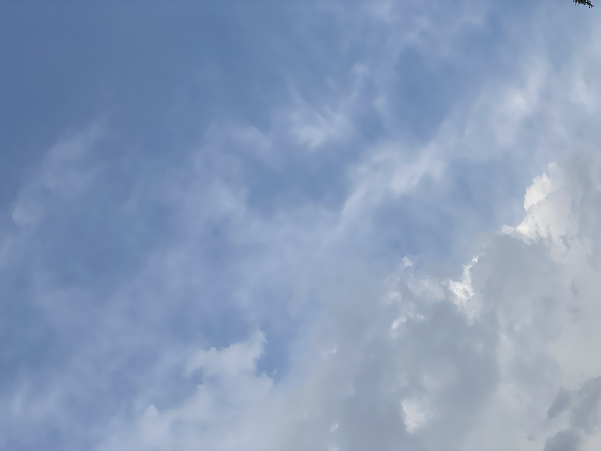 The image shows a sky with a mix of blue and white clouds. The clouds are scattered, with some areas of clear blue sky visible. The overall appearance suggests fair weather with some cloud cover. A small portion of a tree is visible in the top right corner.