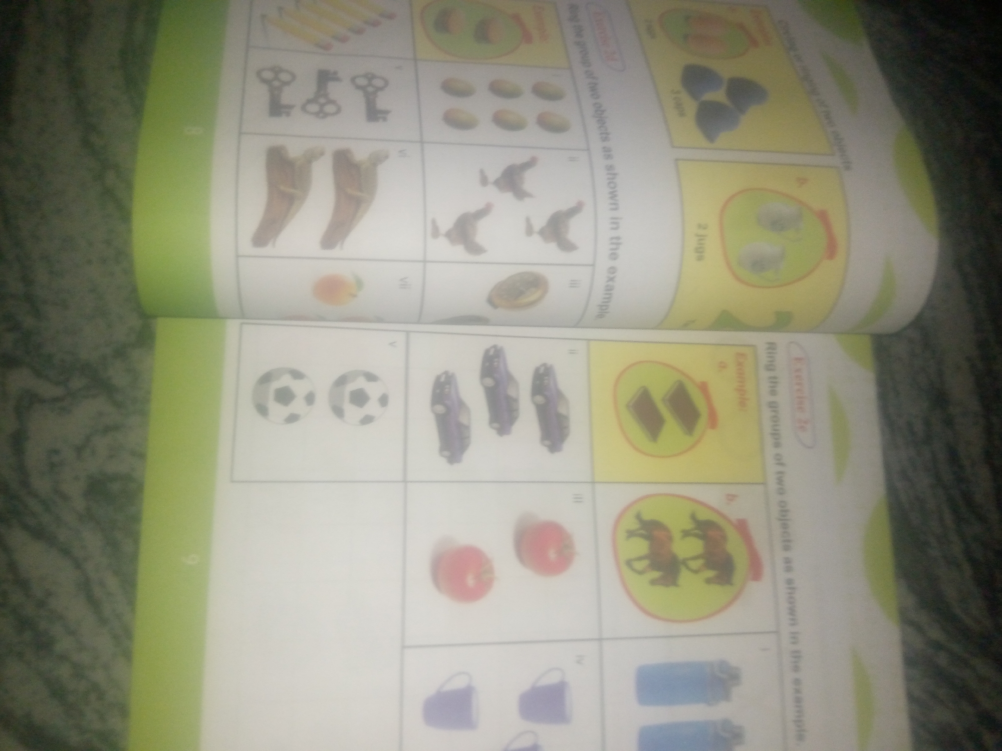 The image displays two open pages of a children's workbook. The left page features sections labeled with Roman numerals (I, II, III, V, VI, VII, VIII) and depicts various objects such as keys, bananas, a peach, and soccer balls. The right page is also divided into sections and contains examples of groups of objects. One section shows three blue jugs, another displays two white jugs, and another illustrates two brown horses. Text on the right page includes the heading "Exercise 20" and instructions to "Ring the groups of two objects as shown in the example." There are no discernible elements in the image that could be used to determine its location in Jauro Yinu, Nigeria, or any other specific geographical location. The scene is a static presentation of educational material.