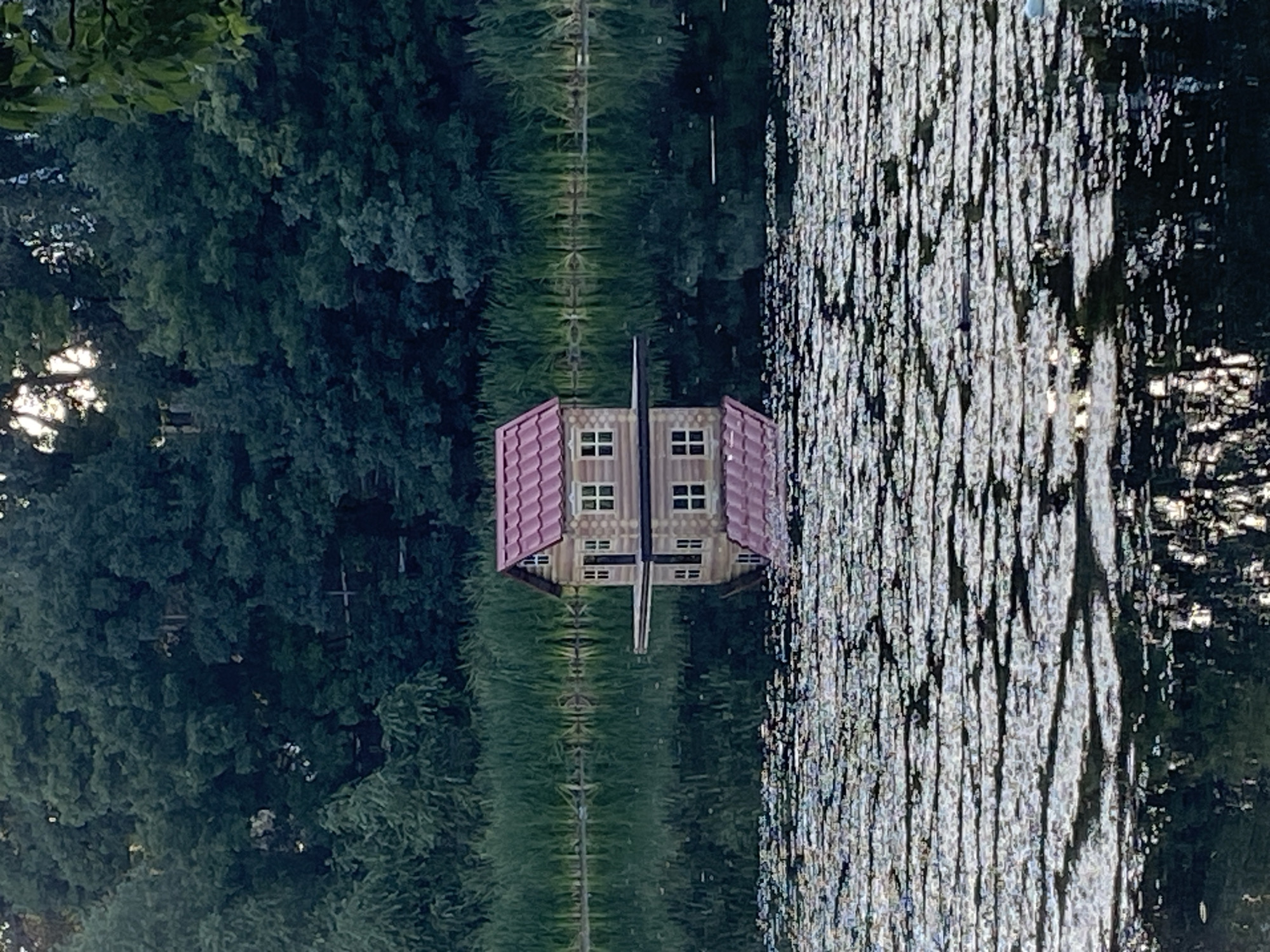 The image depicts a small, log-style playhouse with a red roof situated on a wooden platform floating on a calm body of water. The playhouse has windows and appears to be a miniature dwelling. Its reflection is clearly visible in the water, doubling the structure. In the background, dense green trees and tall reeds line the shore of the body of water. The water itself has a textured surface, with ripples and patches of light reflecting off of it, and what appear to be lily pads or other aquatic vegetation. The overall scene is serene and natural. This image is not located in the city of Chișinău, Moldova.
