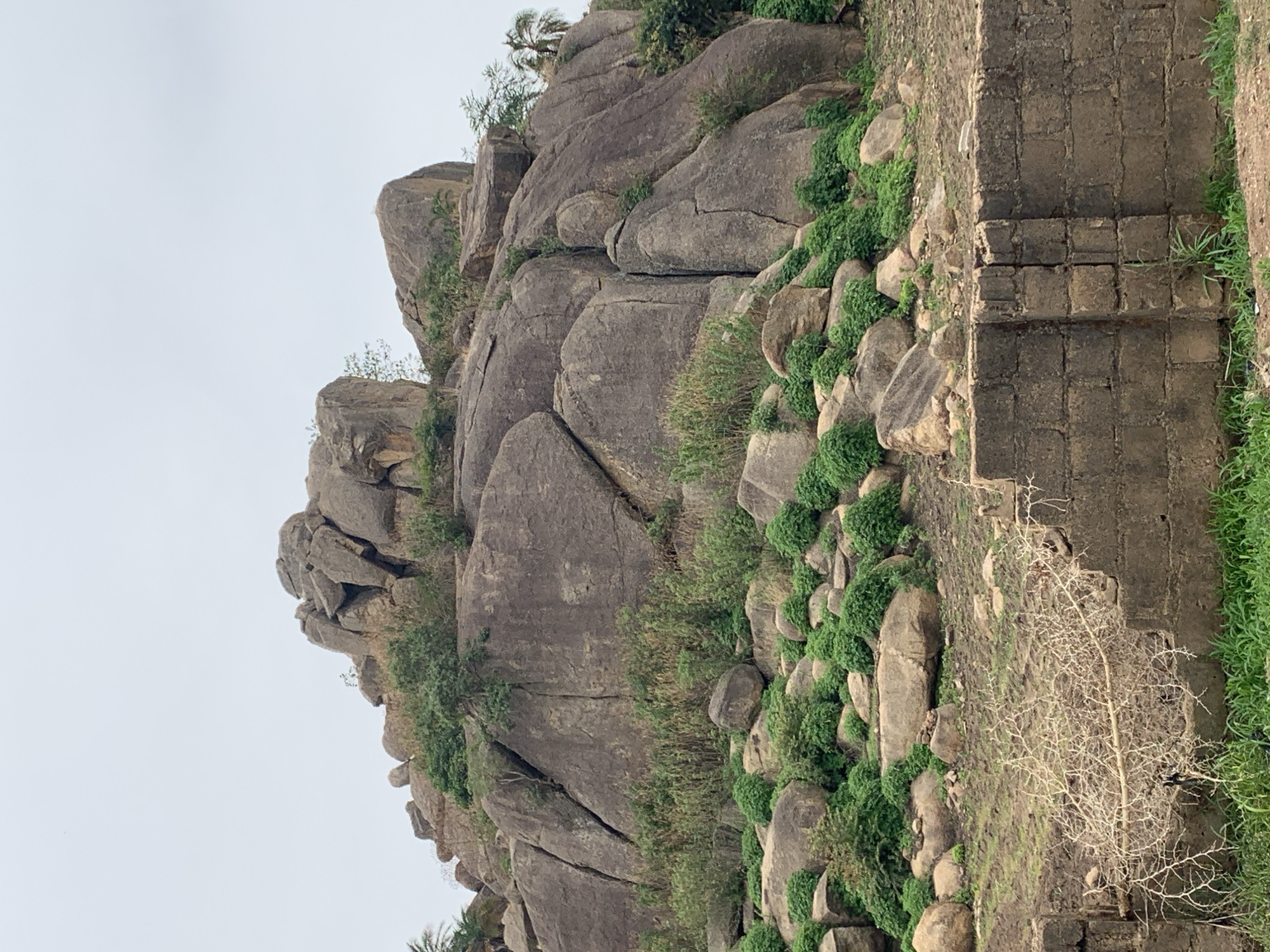 A landscape photograph shows a large rock formation, possibly part of a hillside or cliff, situated next to a rough, vertical stone structure. The rock formation is composed of various gray boulders with cracks and divisions, interspersed with green vegetation. The stone structure, made of stacked blocks, has a weathered appearance. More rocks and plants are located at the base of the formation. The sky is overcast and light gray. Barikin Jirga Summa, Nigeria is not visible in the image. The picture focuses primarily on geological and architectural details.