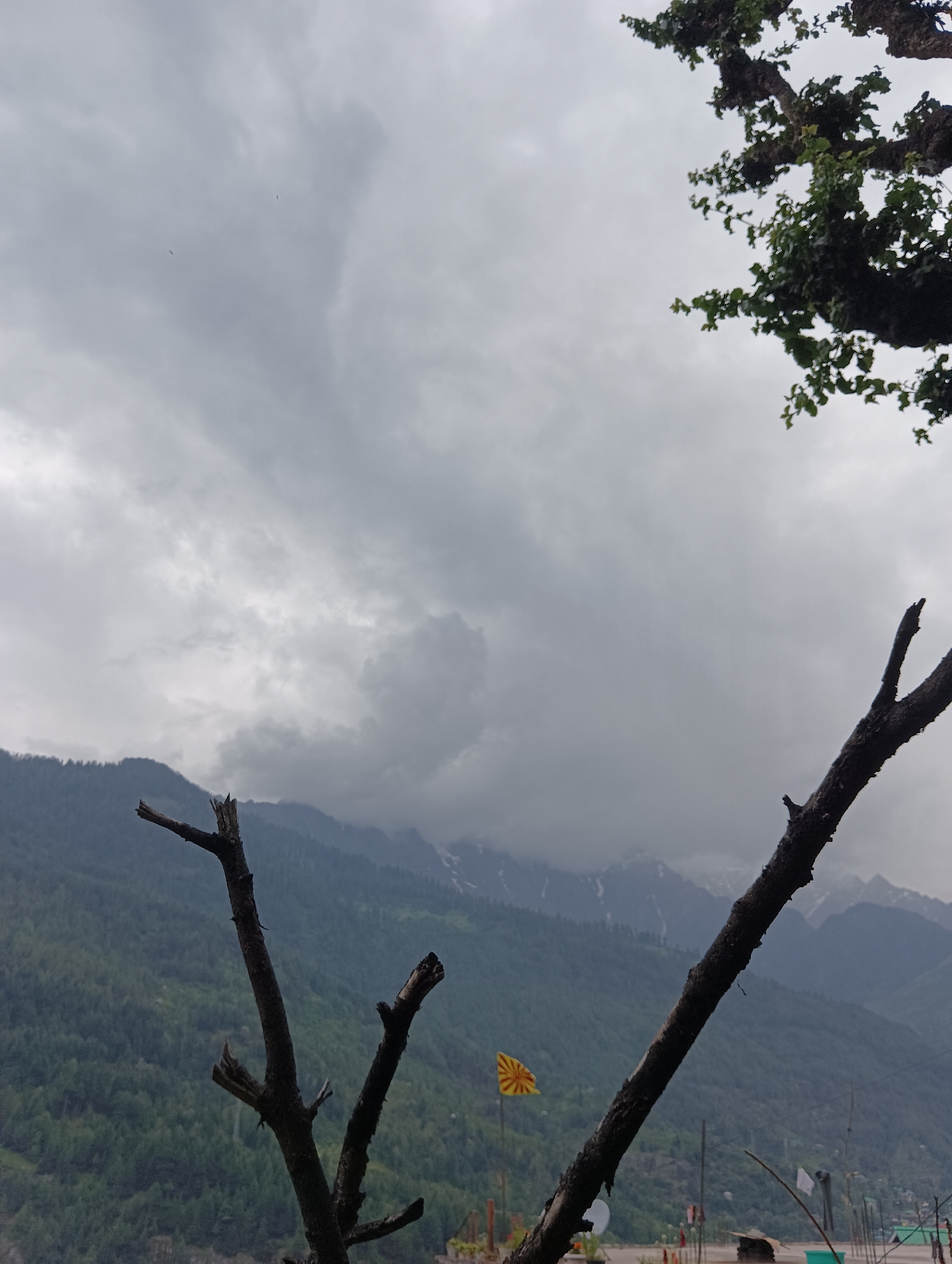 The image shows a cloudy sky above a mountain range. In the foreground, there are several bare tree branches. A yellow flag with a red sun-like symbol is visible on a pole in the middle ground, to the left of the center. Further in the background, the lush green slopes of the mountains are covered in trees, and snow-capped peaks are visible at the top. A few structures, possibly buildings or tents, can be seen at the base of the mountains. The overall scene suggests a natural landscape with some signs of human presence.
