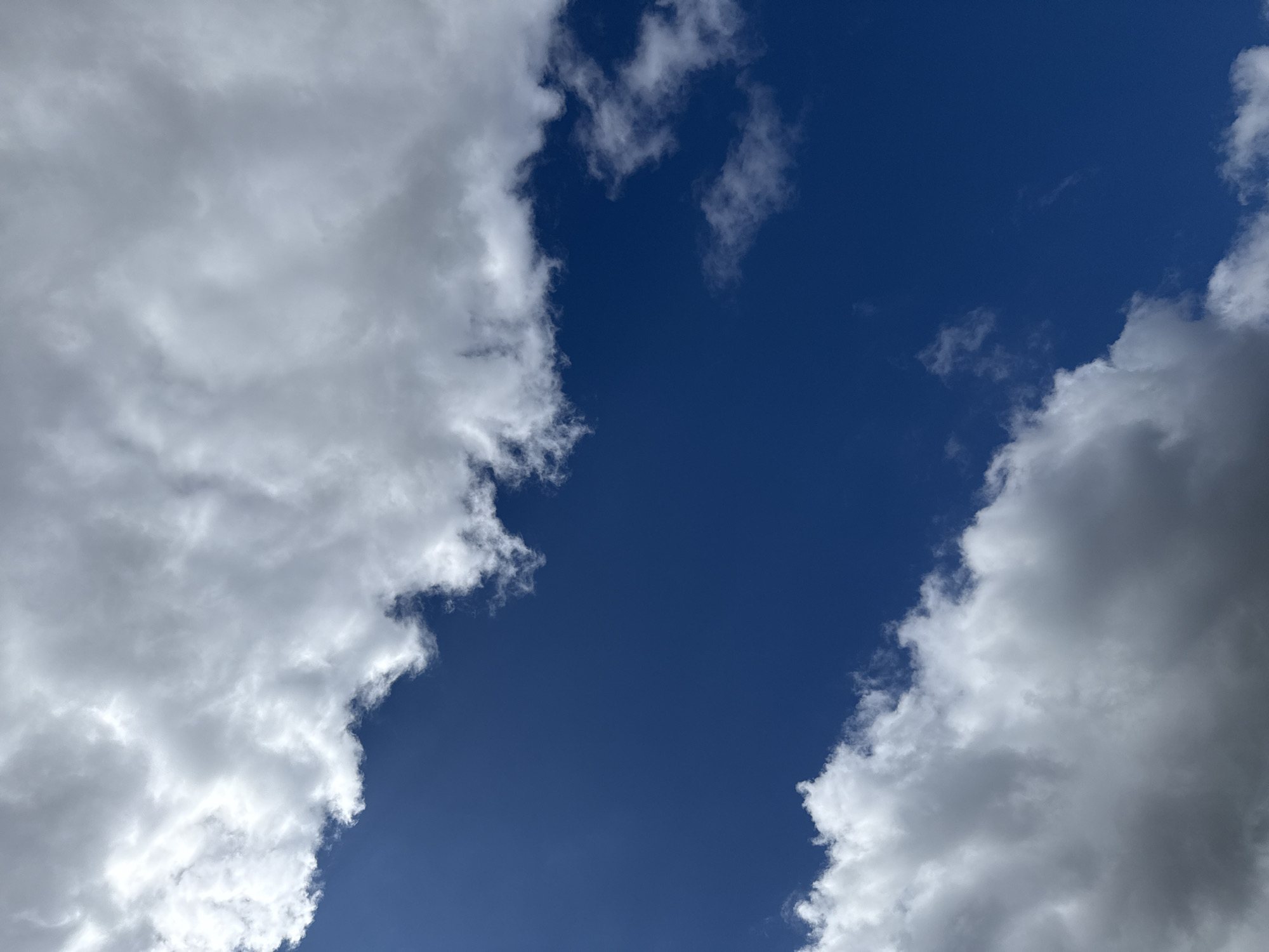 This is a photograph of a bright blue sky with scattered white and gray clouds. The clouds are fluffy and appear to be cumulus clouds. They are concentrated along the top and bottom edges of the frame, creating a V-shaped opening of clear blue sky in the center. The lighting suggests it is daytime. The image was taken in Großpösna, Germany, a town located in the Leipzig district of Saxony. There are no people, subjects, objects, or actions visible in this image, only the natural environment of the sky.