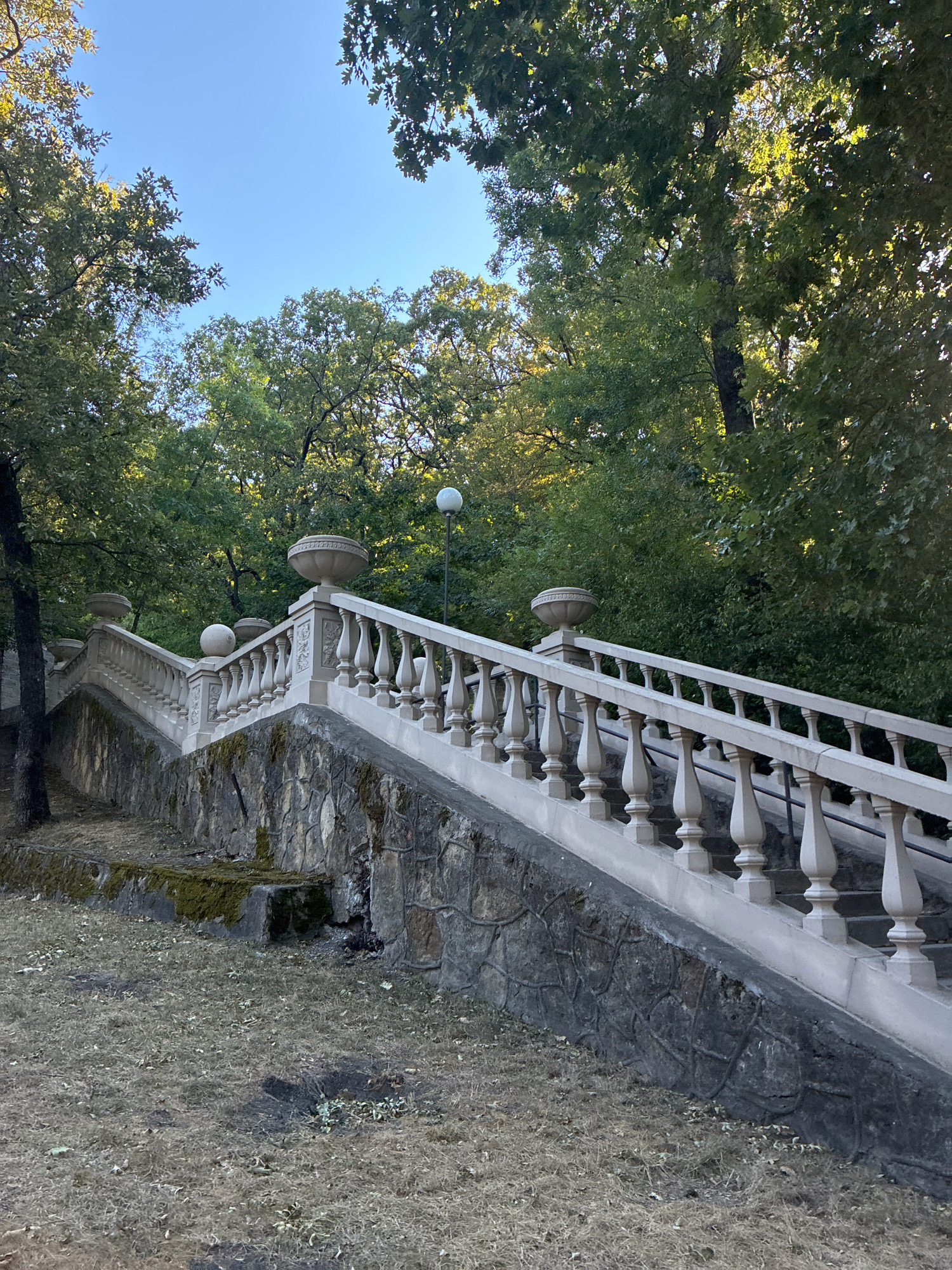 A wide, ornate stone staircase with a decorative balustrade ascends a slope covered with dry grass and fallen leaves. The staircase is supported by a stone retaining wall. Large trees with lush green foliage form a canopy overhead, with patches of blue sky visible through the branches. A single lamppost stands on the right side of the staircase, near the top. The scene appears to be a park or garden area.