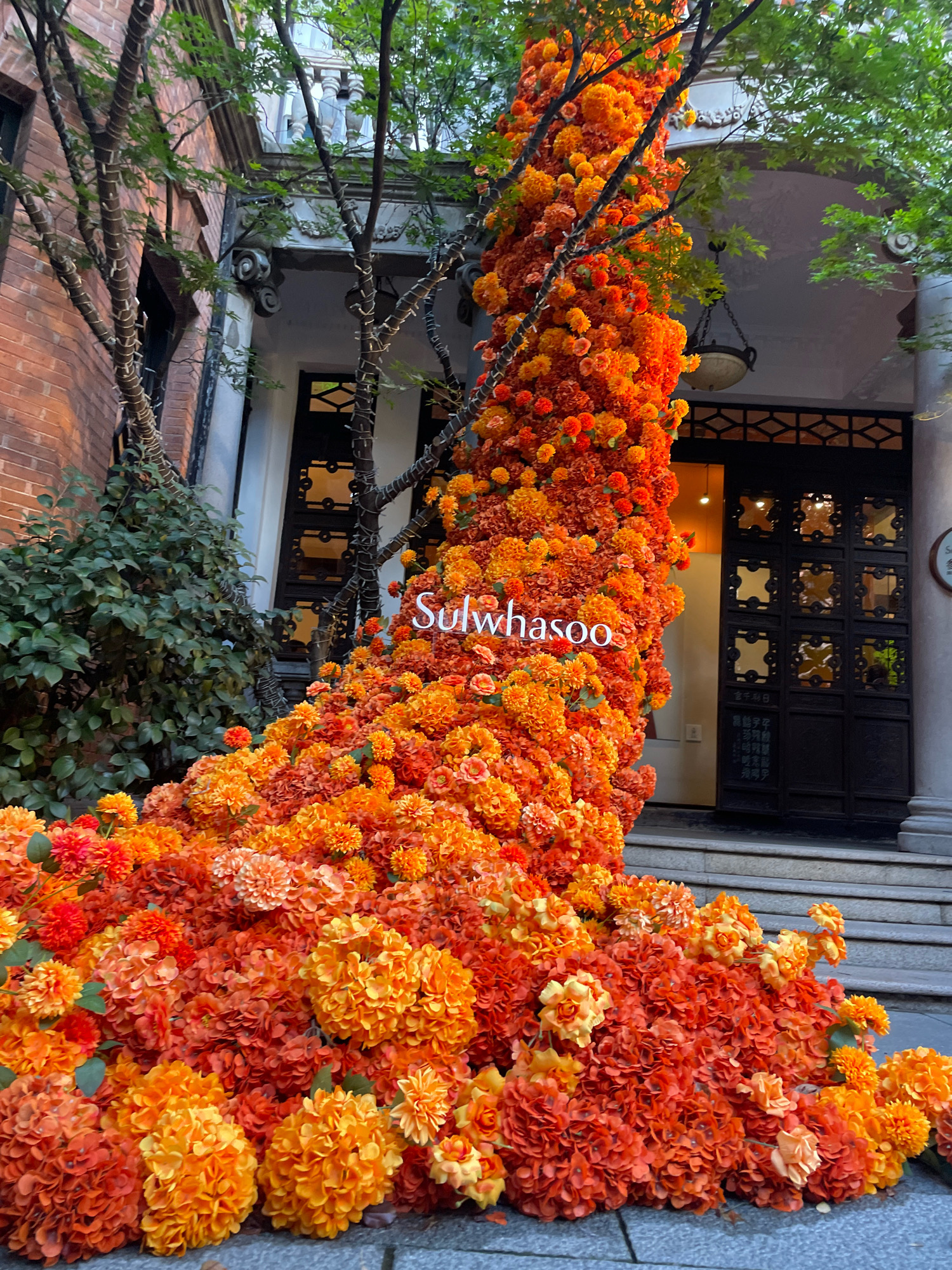 This is an exterior shot of a building facade in Shanghai, China, decorated with a large, vibrant floral display. The flowers are predominantly in shades of orange and red, with some yellow accents, and are arranged in a cascading manner, seemingly covering a portion of the building and spilling onto the ground. A white, three-dimensional logo that reads "Sulwhasoo" is prominently placed within the floral arrangement.
The building itself appears to be old, with red brickwork on the left and a white stone facade with classical architectural elements on the right, including columns and decorative moldings. There are dark-colored doors with decorative panels visible behind the floral display. Green foliage from trees overhangs the scene, and the ground is paved with stone. No people are visible in the image. The lighting suggests it is daytime, possibly late afternoon, with soft shadows.
