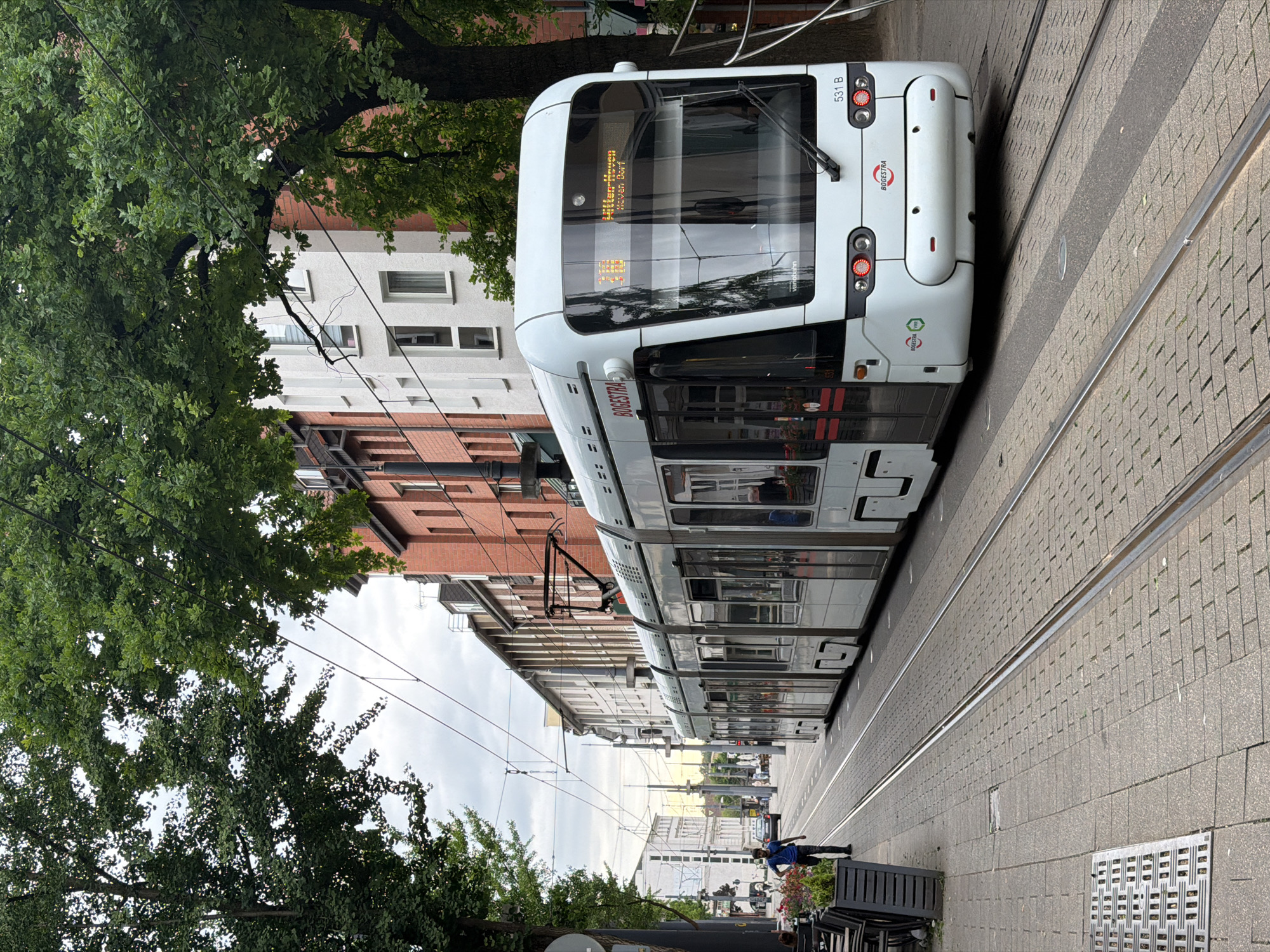 A white modern tram with the text "BOGESTRA" on its side is stopped at a tram stop in Witten, Germany. The tram is on a cobblestone street with tram tracks running through it. Buildings with brick and white facades line the street, and large trees with green leaves provide shade. A person in a blue shirt and dark pants is walking on the sidewalk next to the tram. The sky is overcast.