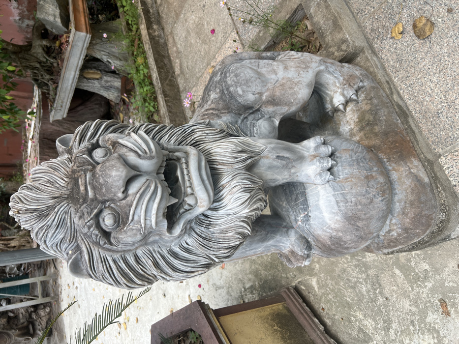 The image depicts an outdoor scene in Đăk Mar, Vietnam, featuring a weathered gray stone statue of a stylized lion or foo dog. The statue, appearing to be marble or granite, exhibits natural veining and dark discoloration consistent with exposure. It stands upright on a dark rectangular base, with its front paws resting on a sphere. The creature's head faces forward, rendered with an open mouth, visible teeth and tongue, wide eyes, and a heavily textured mane. No people are visible. To the immediate left of the statue, a weathered yellowish-brown rectangular planter contains sparse green foliage. The ground consists of light gray concrete or paved sections, with scattered dry leaves. To the right of the statue, a narrow garden bed contains small green plants and a few pink and white flowers. In the background, several large planters, including one elevated on carved supports, hold bonsai trees, alongside additional greenery and a reddish-toned structure.