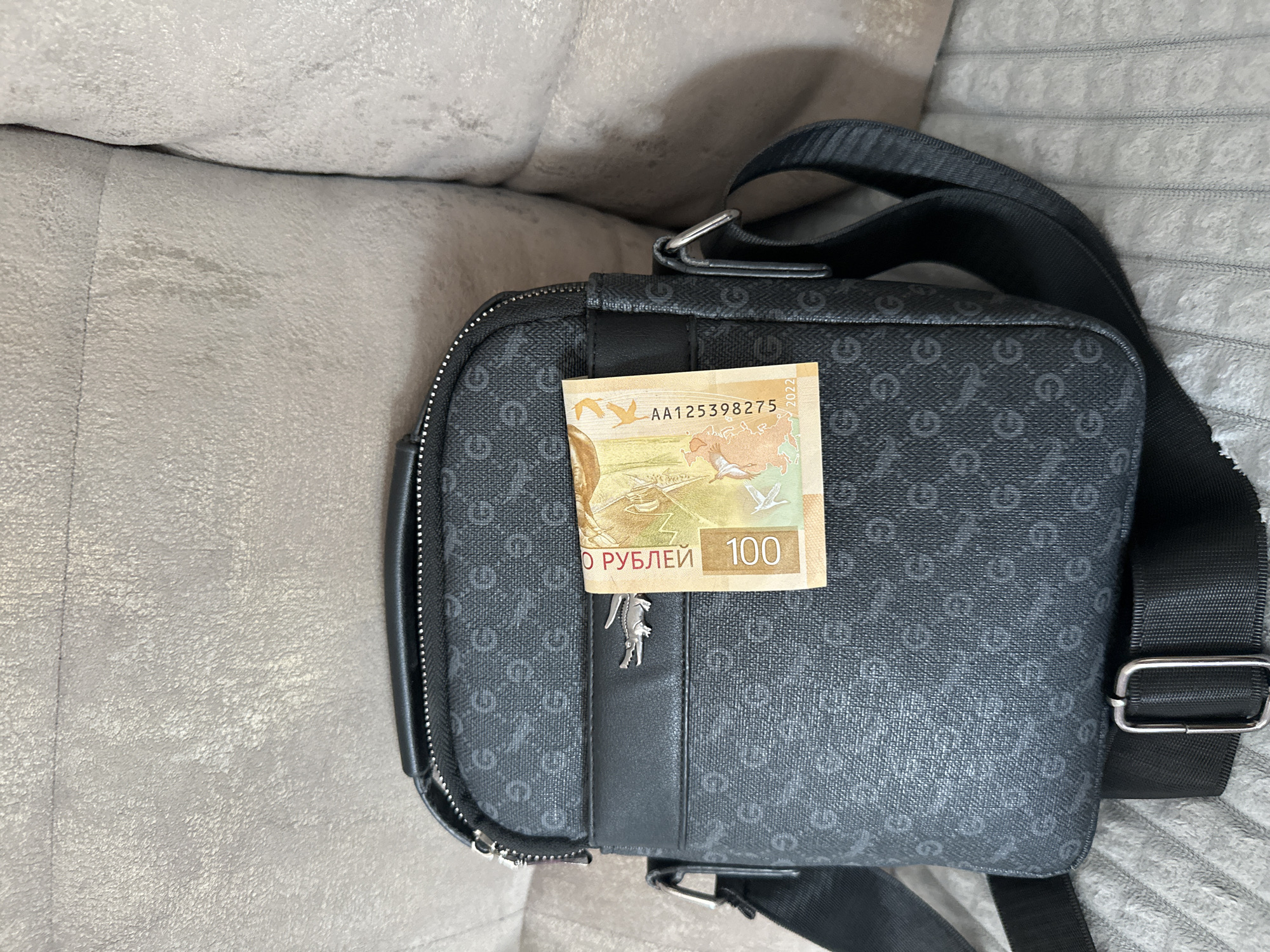 A close-up, eye-level shot shows a black messenger bag with a repeating pattern of the letter "G" and a crocodile emblem. A portion of a 100-ruble banknote is tucked into the front pouch of the bag. The banknote is oriented vertically and features Cyrillic text and a numerical value of "100". The bag rests on a textured, light-colored surface, likely a sofa or chair, with a similarly textured background. The lighting is neutral, casting soft shadows. The scene is static and appears to be indoors. No specific location in Birobidzhan, Russia, can be determined from the image.