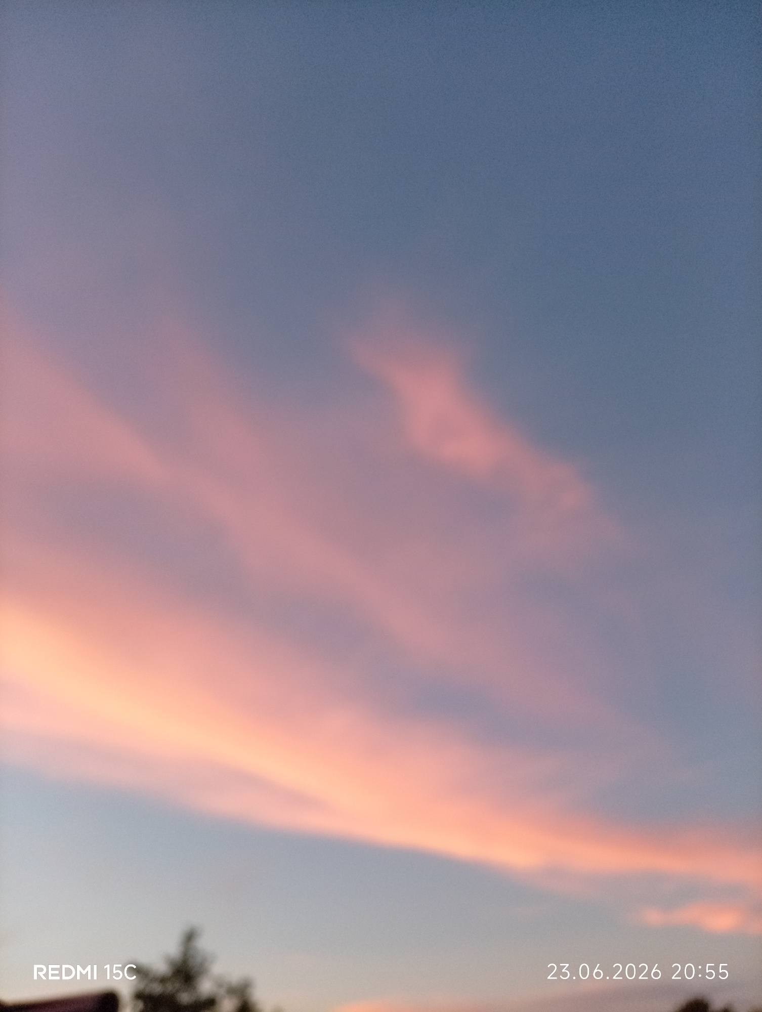 This media file captures a serene sky at dusk. The main subjects are the clouds, painted in hues of pink and orange against a deepening blue sky, suggesting a sunset or sunrise. Wispy streaks of pink cloud are visible across the frame, with a more distinct, larger formation towards the top right.
The scene is an outdoor setting, likely a landscape given the faint, blurred silhouette of trees and possibly some structures at the bottom of the image. The time of day is clearly indicated by the soft, diffused light and the colors in the sky. The presence of the text "23.06.2026 20:55" places the image on June 23rd, 2026, at 8:55 PM, confirming it's evening.
The overall mood is peaceful and tranquil, evoked by the soft colors and the quiet of the time. There are no people or specific objects clearly depicted. The text "REDMI 15C" in the lower left corner is a camera or device identifier. The location is indicated as Mykolaivka, Ukraine. The weather appears calm, with only scattered clouds.