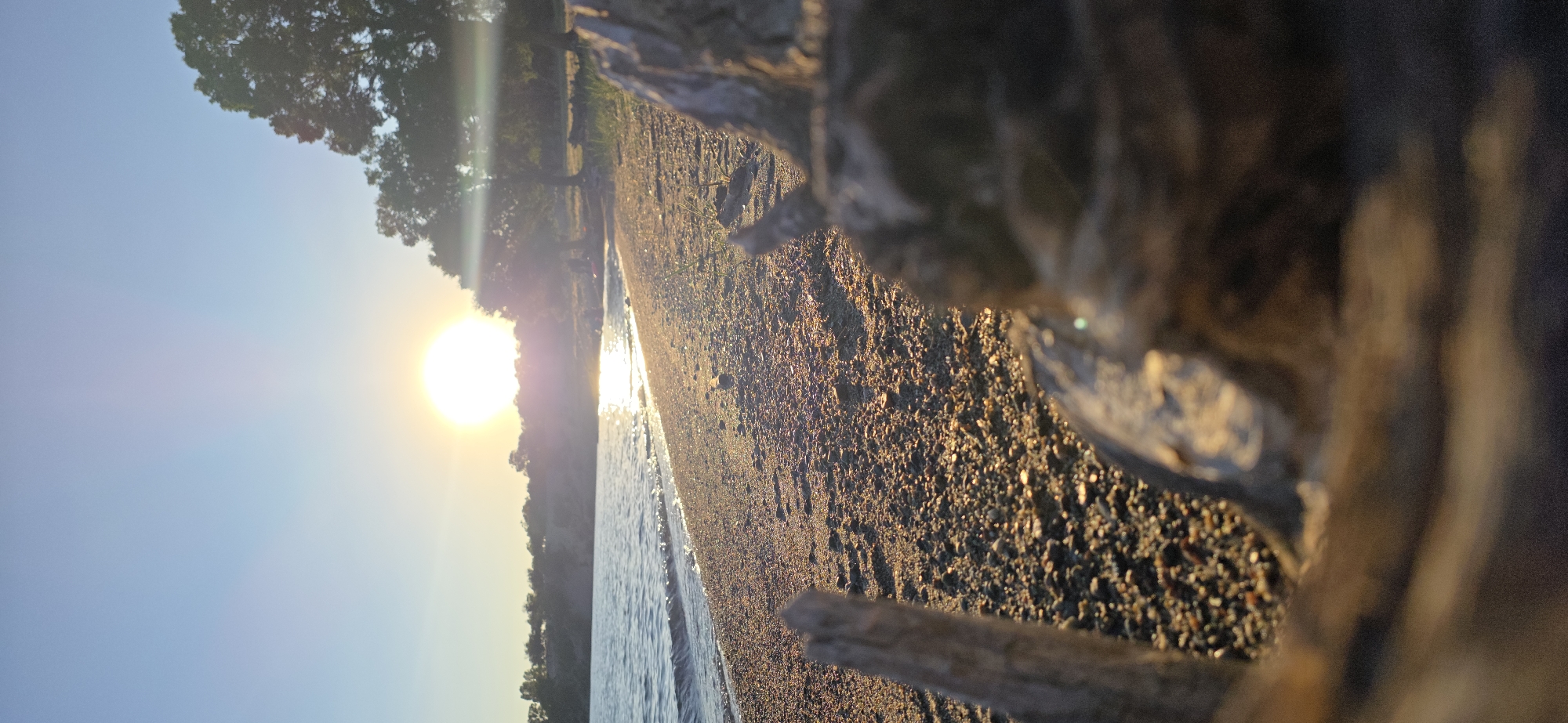This is a vertical, eye-level, close-up shot of a pebbly beach and the edge of a body of water during sunset. The sun is low on the horizon, casting a warm glow across the scene. In the foreground, out of focus, is a piece of driftwood. The beach is composed of small pebbles, and the water's edge is visible with gentle waves. In the background, there is a treeline and a body of water, likely Issyk-Kul Lake in Kyrgyzstan. The sky is clear and blue, with the sun creating a bright glare and lens flare. The overall impression is one of a peaceful, natural landscape at the end of the day.
