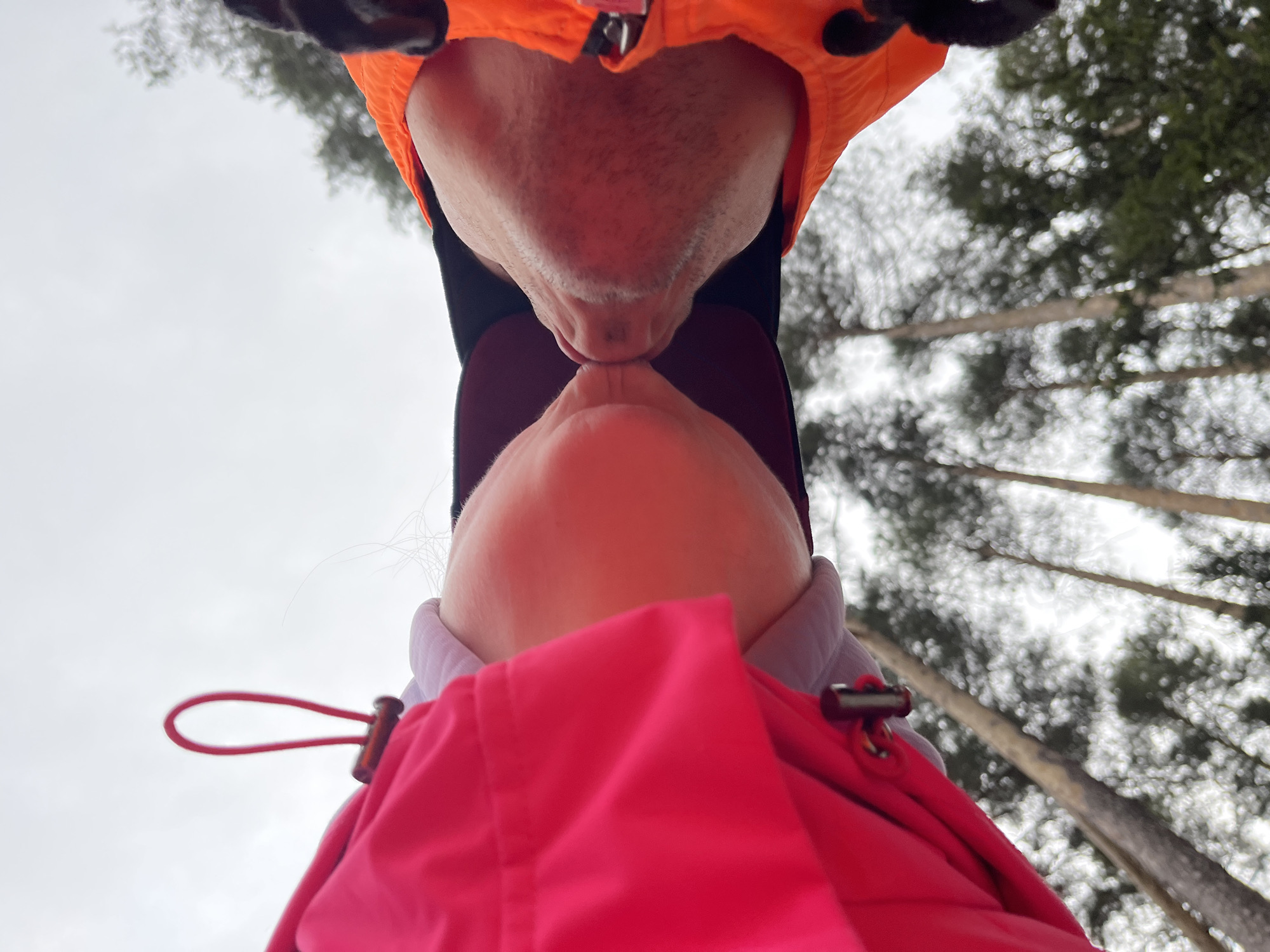 Two people are seen from a low angle, their faces close together, possibly kissing. The person on top wears an orange jacket with a black hood. The person below wears a pink jacket with a white collar. In the background, blurred trees and a gray sky are visible. The location is not discernible.