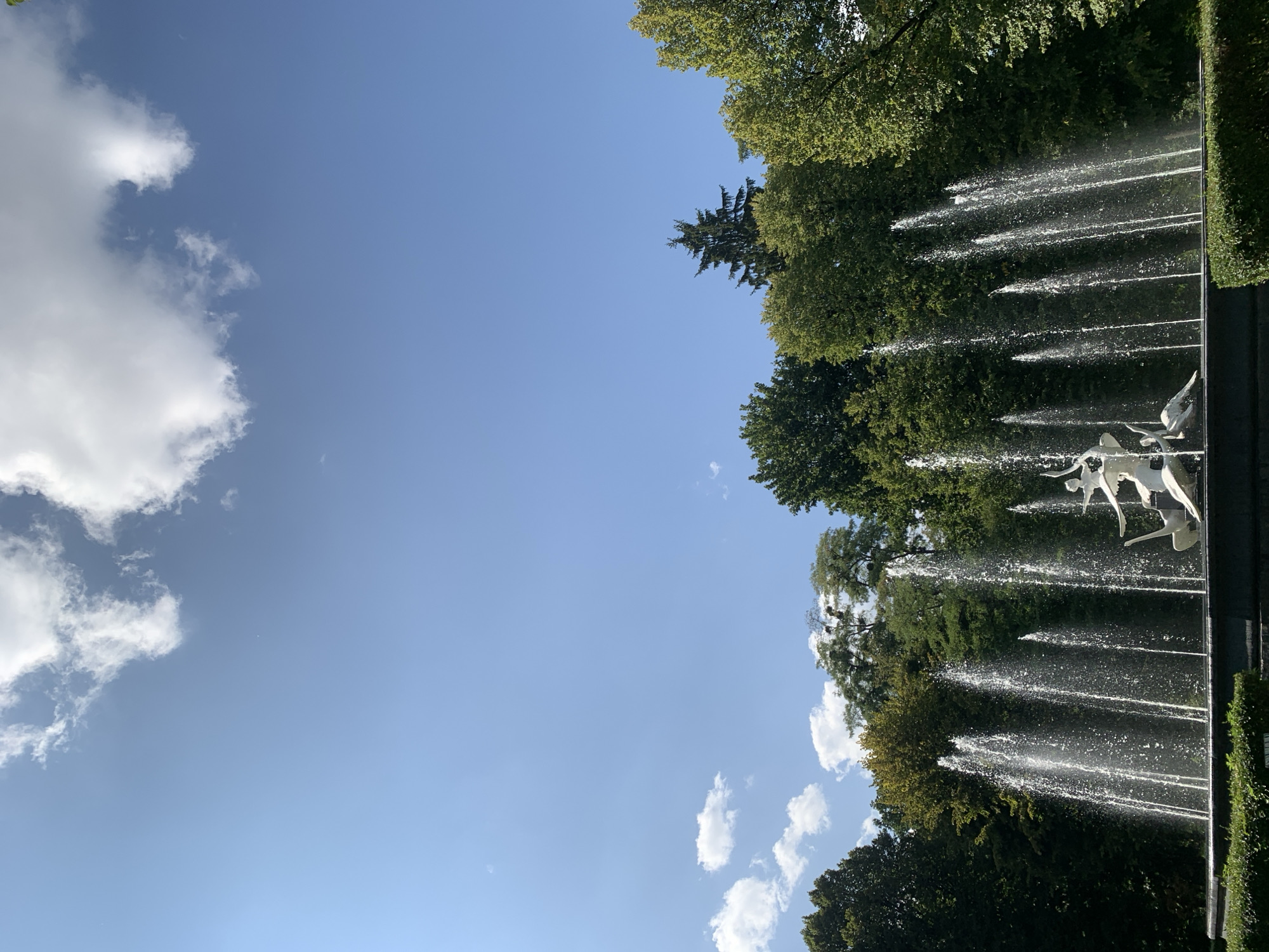 The image depicts a fountain with a sculpture in the foreground, set against a backdrop of lush green trees and a bright blue sky with scattered white clouds. The fountain features numerous water jets spraying upwards, creating a shimmering effect. A white sculpture, seemingly depicting figures in motion, is centrally positioned within the fountain. The surrounding area is bordered by well-maintained green bushes. The scene appears to be a public park or garden. This fountain and sculpture are located in Lviv, Ukraine, specifically within the Stryiskyi Park.