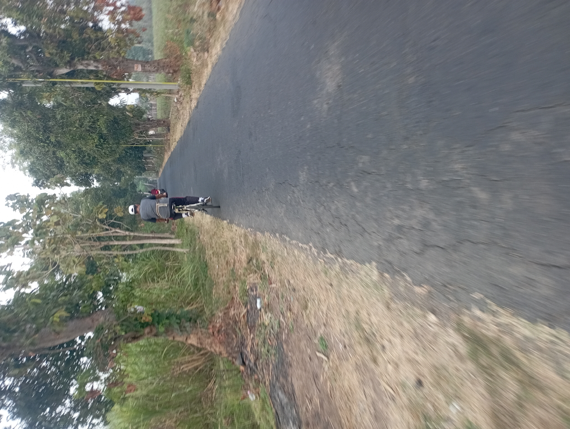 A person wearing a white cap and a grey shirt rides a bicycle down an asphalt road in Sumberwindu, Indonesia. The road is lined with trees on the left and fields of grass on the right. The cyclist is positioned in the middle of the road and is moving away from the camera. The sky is overcast, and the overall lighting suggests it is daytime.