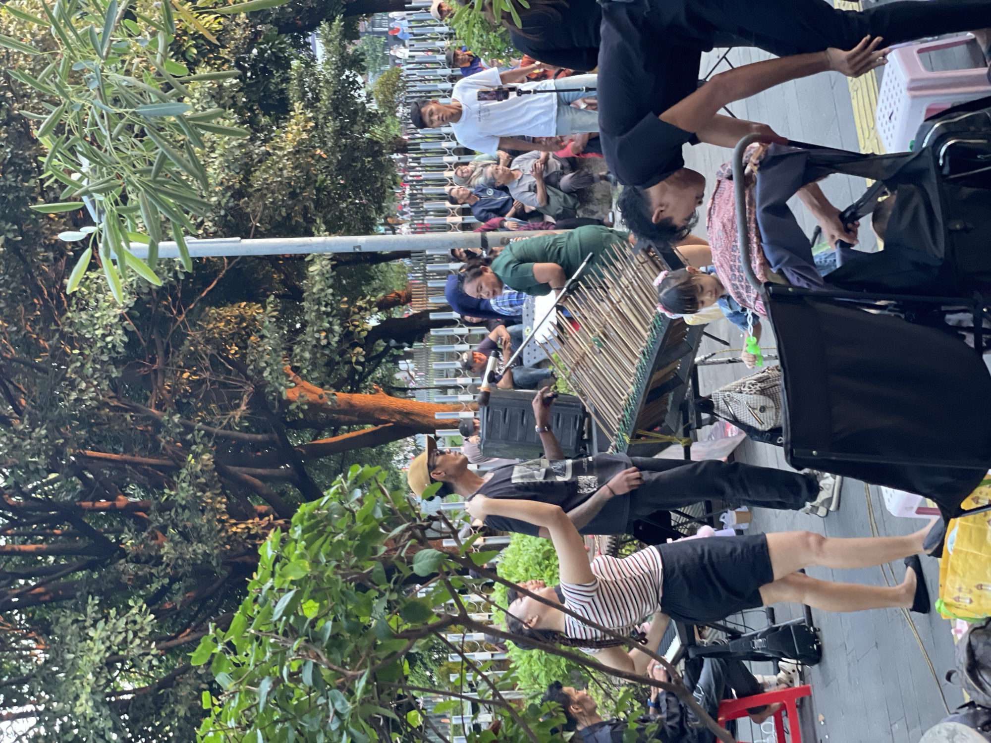 In the city of West Jakarta, Indonesia, an outdoor scene unfolds with a group of people gathered around a musical performance. In the foreground, a woman in a striped shirt and black shorts stands with her arm extended, possibly interacting with a musician. A man wearing a tan cap and a black t-shirt stands nearby, holding a microphone. To their right, a large bamboo musical instrument, possibly a kolintang, is set up. A young child in a blue shirt is seated in a stroller, playing with a toy. A man in a black t-shirt is bending over the stroller, attending to the child. In the background, more people are seated and standing, observing the performance. The setting appears to be a public space with trees providing shade and a fence in the distance. The overall atmosphere suggests a casual gathering or street performance.