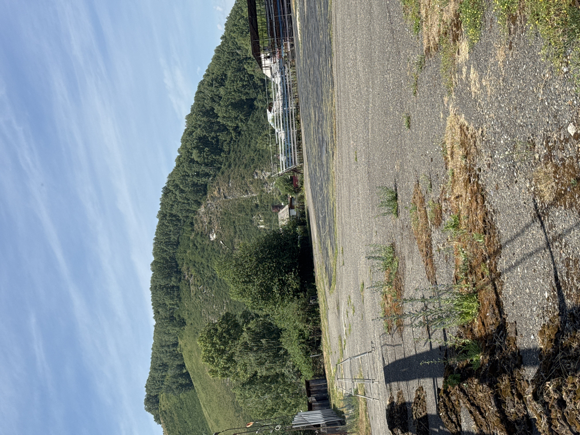 The image depicts an outdoor scene with a paved area in the foreground and a tree-covered hillside in the background. The paved area appears to be a lot or an open space, with scattered patches of dry grass and moss. There are several dark brown piles of what appears to be organic matter or soil in the lower left corner, casting shadows. A metal walker-like object stands in the middle of the paved area. To the right of the walker, a large, dark shadow suggests a person or object is present, though not fully visible. In the middle ground, there is a long, covered structure with multiple levels of seating or platforms, possibly bleachers or stalls, with some equipment or materials stacked beneath it. Beyond this structure, a small building with a red roof is partially visible amongst trees. The background is dominated by a densely wooded hillside that slopes upwards. The sky is blue with thin, wispy clouds. The scene suggests a rural or semi-rural location, likely in or near the village of Soloneshnoye, Russia, given the context. The overall impression is one of an outdoor area that may be used for events or activities, but appears somewhat neglected or in a state of disuse.