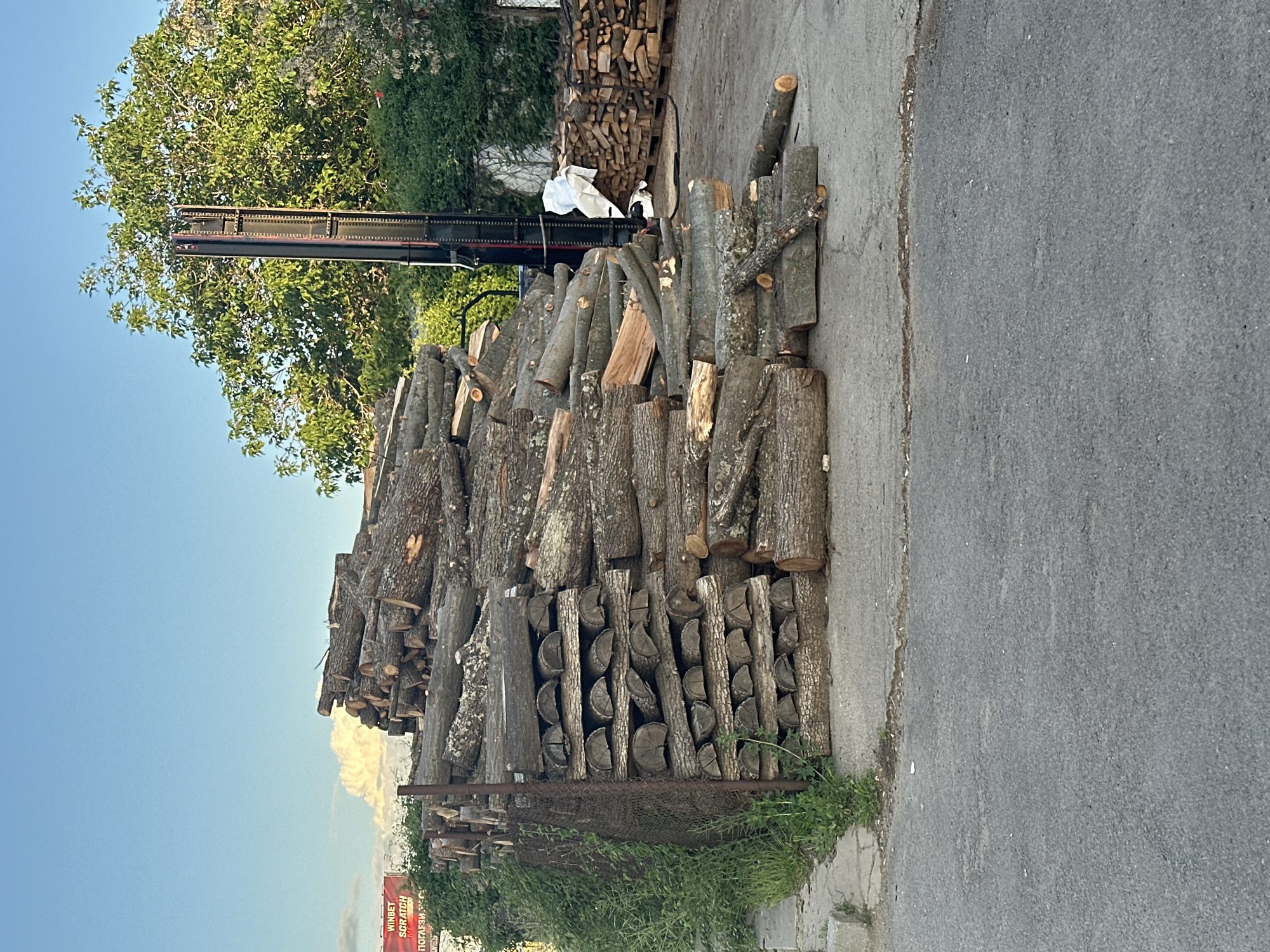 The image shows a large pile of logs and firewood stacked on the side of a paved road in Sofia, Bulgaria. The logs vary in size and shape, with some being full logs and others split in half. A rusty metal fence runs along the base of the stack. Grass and weeds grow along the edge of the pavement near the logs. A forklift is parked behind the woodpile, and a smaller stack of firewood sits on a pallet. Trees and greenery are visible in the background. A sign with the words "WINBET SCRATCH" is partly visible near the bottom left corner of the frame.