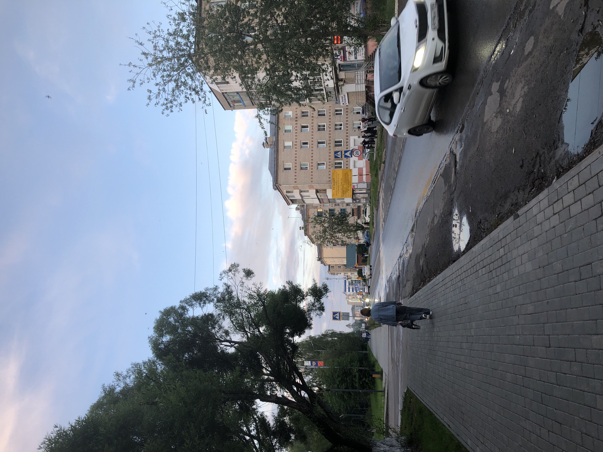 A woman walks along a paved sidewalk in Solikamsk, Russia, on a cloudy day. She is seen from behind, wearing a denim jacket and dark pants, and appears to be walking a dog that is out of frame. The sidewalk is bordered by a grassy area with trees and a street. The street has several cars driving on it, and there are buildings on the other side of the street. The sky is partly cloudy with hues of pink and blue, indicating either sunrise or sunset. The road is wet, suggesting recent rain or puddles from melting snow. There are speed limit signs and pedestrian crossing signs visible. The overall scene depicts an ordinary urban environment during a transitional time of day.