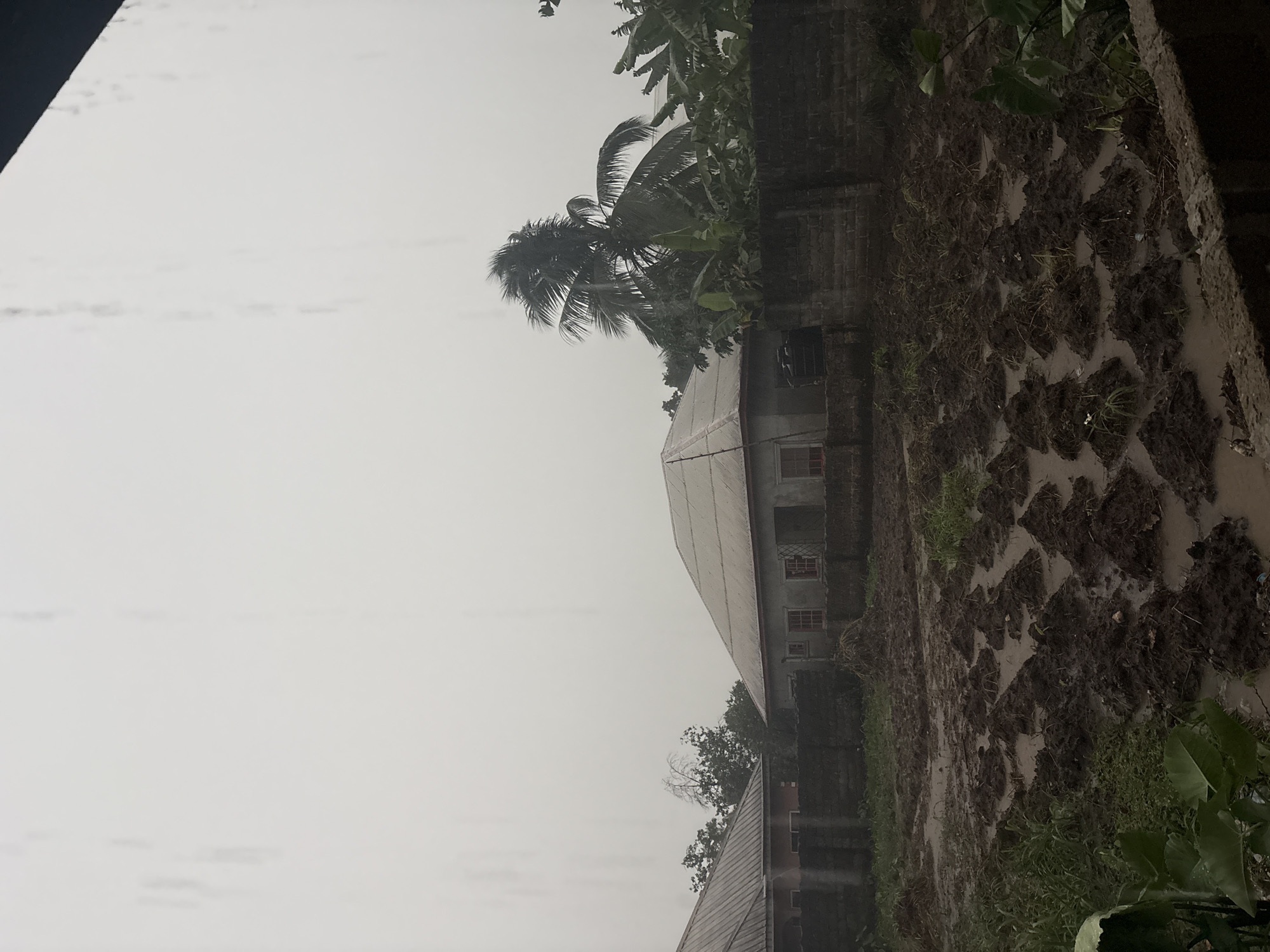 The image depicts a rainy scene in Ikot Ekpene, Nigeria. A two-story building with a gray roof is visible, with at least 5 windows with red frames. Adjacent to the building is a muddy field, seemingly cultivated, with dark soil clumps separated by waterlogged channels. A coconut palm tree and other tropical foliage are visible behind the building. The sky is overcast and gray, indicating heavy rain.