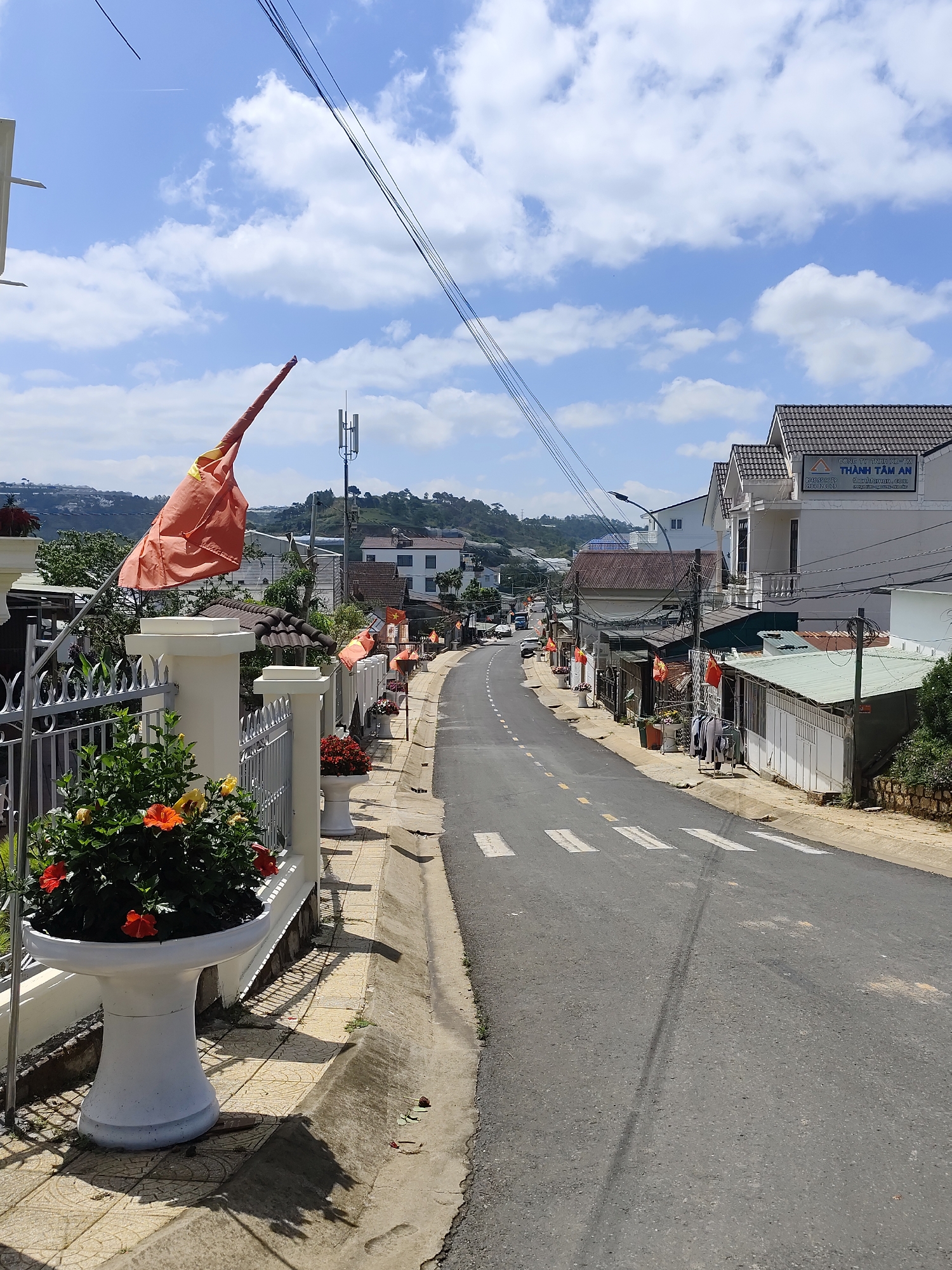 The image captures a street scene in Lạc Dương, Vietnam. The paved road, marked with a zebra crossing, curves gently uphill. Along the road's edge, a row of white, ornate planters filled with colorful flowers lines a property bordered by a gray iron fence and white pillars. Each pillar is adorned with a Vietnamese flag.
Buildings line the street. On the right, a white building with a gray tiled roof has a sign that reads "THÀNH TÂM AN" with accompanying phone numbers and website. In the background, rolling hills can be seen. The sky is partially cloudy with patches of blue. Overhead, electrical wires crisscross the view. The overall light suggests it is daytime.