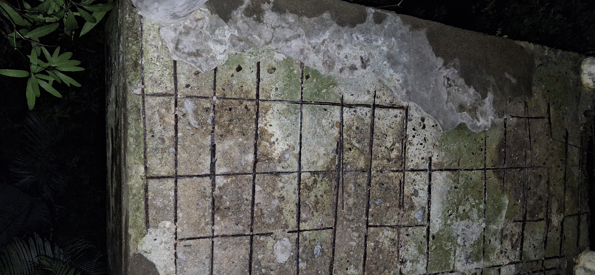 The image displays a close-up view of a damaged concrete structure, likely a wall or column, with exposed rebar forming a grid pattern. The concrete is aged and weathered, showing signs of erosion and significant patching or repairs with a lighter colored material. Greenish algae or moss is present on the surface, particularly in the lower half of the frame, suggesting a damp environment. Some areas of the concrete have chipped away, revealing the aggregate. The top portion of the image shows dark foliage, possibly trees or bushes, against a dark background, indicating an outdoor setting, likely at night or in low light conditions. The overall impression is one of neglect and decay. The location is identified as Vallecito, Venezuela.