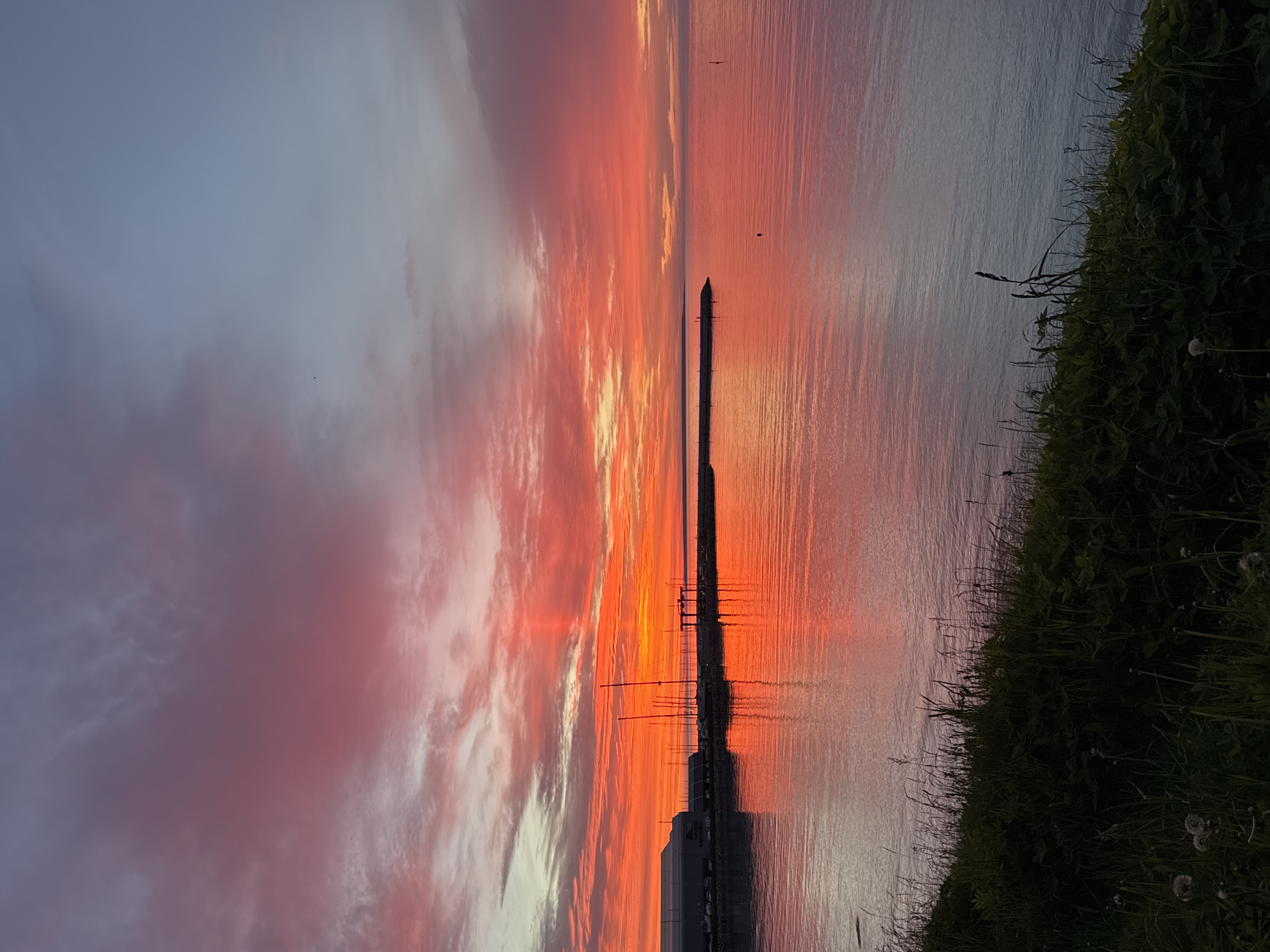 This image depicts a scenic sunset over the Baltic Sea, near Tallinn, Estonia. The sky is ablaze with vibrant hues of orange, red, and pink, casting a warm glow on the calm water. In the foreground, lush green grass and vegetation line the shore.
The middle ground features a harbor with several sailboats docked. The setting sun reflects dramatically on the water's surface, creating a mirror-like effect. A long pier extends into the sea, with a small building visible at its end.
The horizon is a soft blend of colors, transitioning from the warm tones of the sunset to the cooler blues of the evening sky. The overall atmosphere is serene and tranquil, capturing the beauty of a summer evening in Tallinn.
