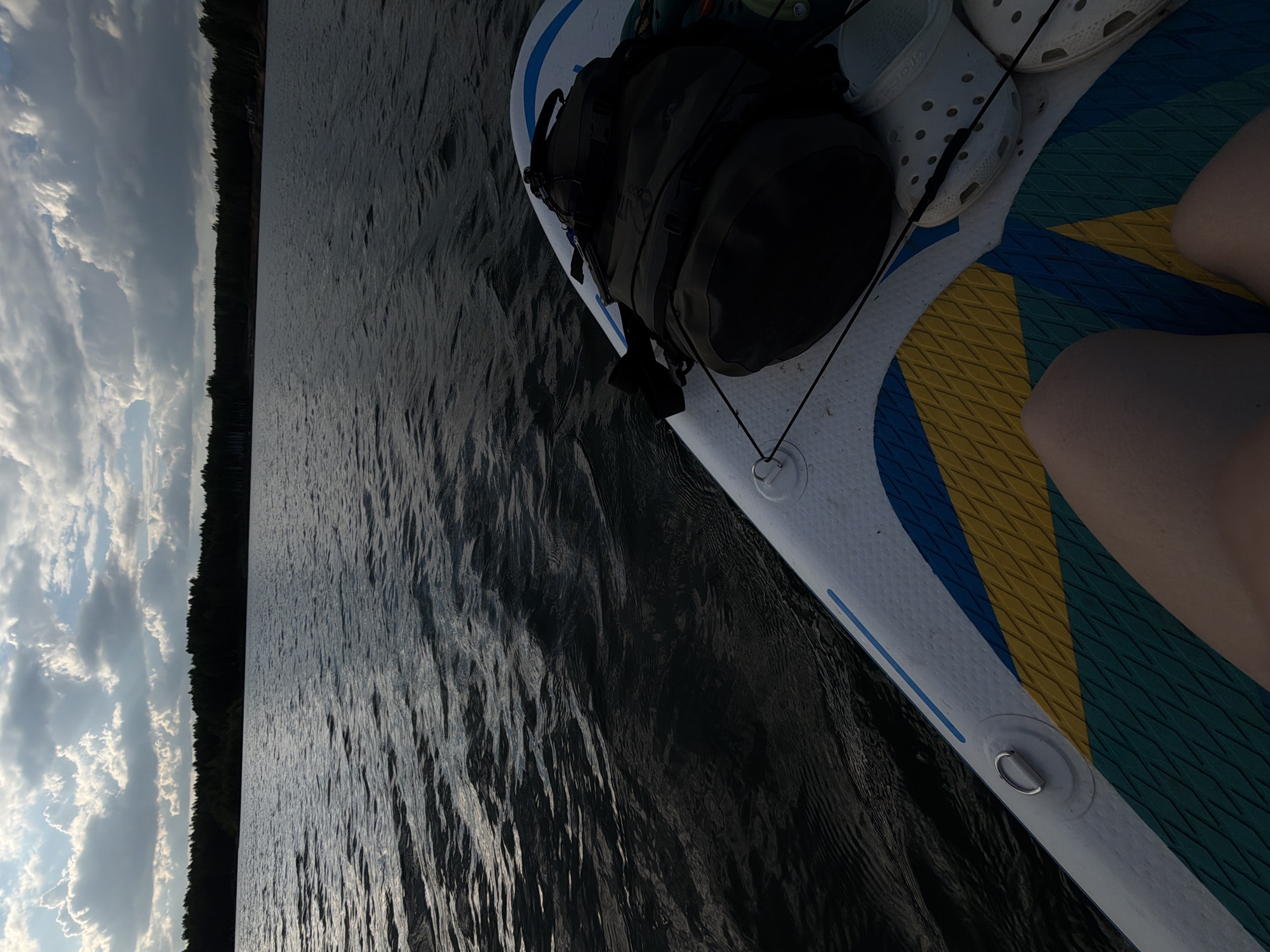 The image shows a view from a paddleboard on a body of water. A dark green backpack and white Crocs shoes rest on the paddleboard. A person's legs are also visible. The water is dark and slightly rippled, and the sky is filled with clouds, next to a forest on the shoreline. The location is presumed to be in the city of Selychka, Russia.