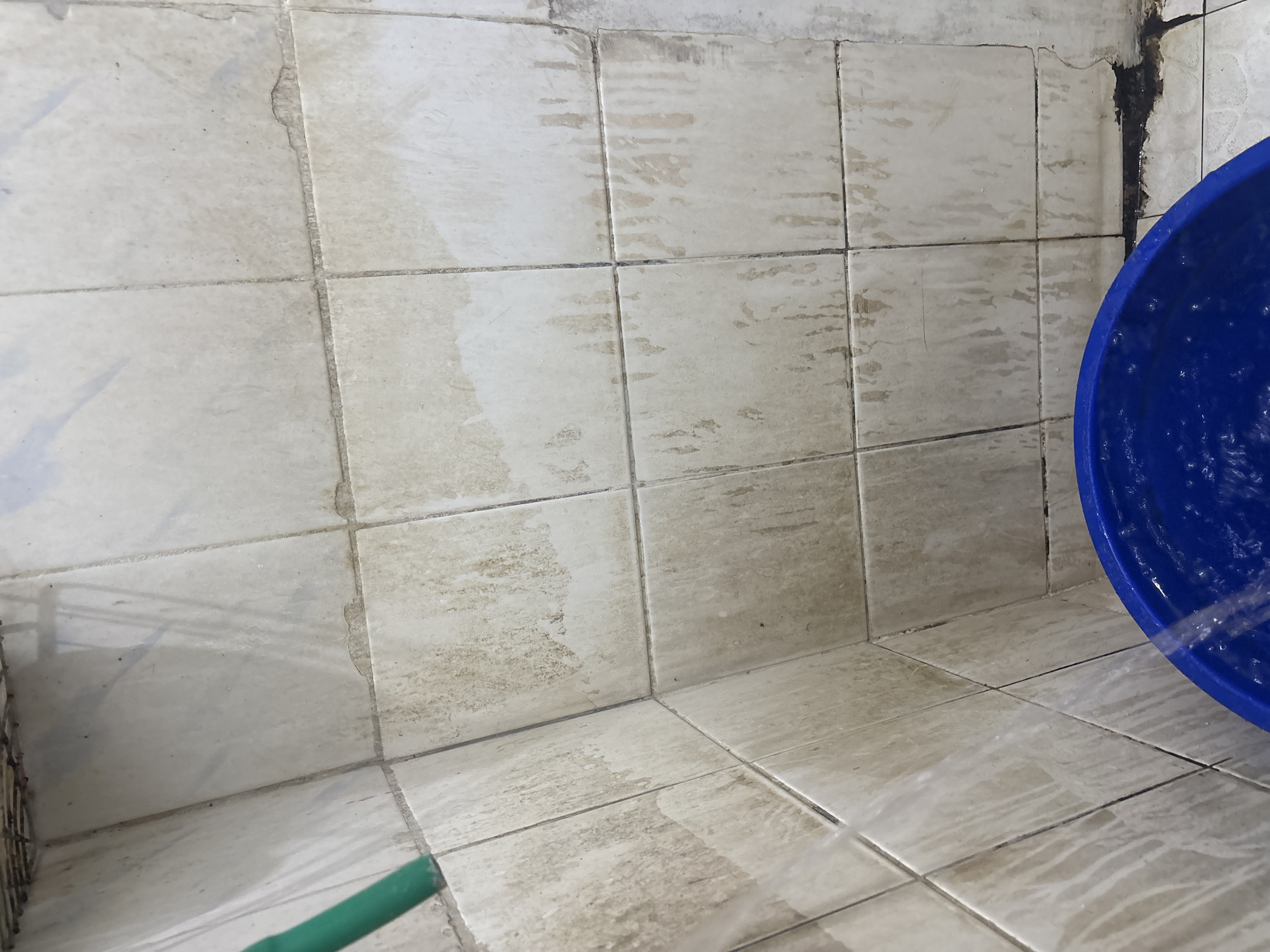 The image depicts a corner of what appears to be a tiled shower or wash area. The tiles are a light beige color and show significant staining and dirt, particularly in streaks running down from the grout lines. A green hose is visible in the upper left corner, suggesting water is being sprayed. A large blue bucket is positioned in the foreground, partially filled with water, with a stream of water entering it. The floor tiles are also visible at the bottom and appear similarly stained. The overall impression is one of a functional, but heavily used and dirty, cleaning space. The scene is located in Palimanan, Indonesia.