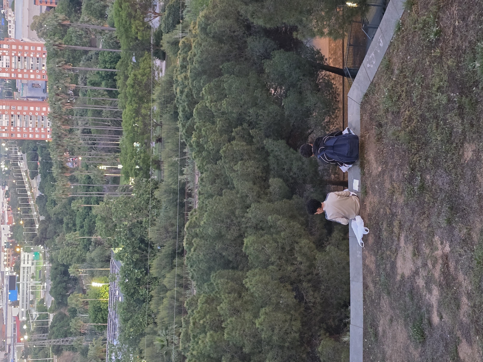 An aerial shot depicts two individuals sitting on a concrete edge overlooking a dense green area with buildings in the background. One person is wearing a dark jacket with a backpack, while the other is dressed in a beige jacket and a white bag is beside them. They are sitting atop a structure overlooking lush trees and manicured lawns. In the distance, red-brown buildings rise, and streetlights line the roads that run adjacent to the green expanse. The scene is reminiscent of an urban park or green belt integrated within a city. Based on the image context and architectural details, it is highly probable that this location is within the city of Cornellà de Llobregat, Spain.