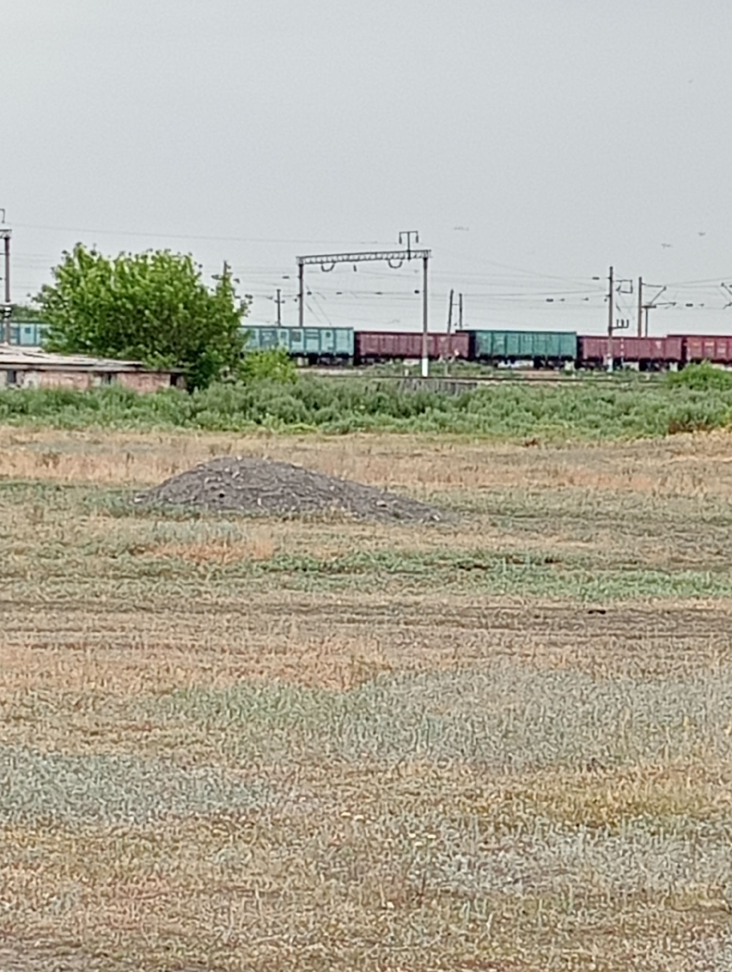 The image depicts an outdoor scene with a train track in the background, a pile of gravel in the foreground, and a field with sparse vegetation. The train track runs horizontally across the middle ground, with a train composed of several cars visible. Some of the cars are red-brown, while others are green. Overhead power lines and poles are also present along the train track. To the left of the train track, there is a building with a red roof and a clump of green trees. The foreground is dominated by a large, irregularly shaped pile of dark grey gravel. The rest of the scene is a field with dry, light brown grass and some patches of green vegetation. The sky is overcast and pale grey. There are no people or animals visible in the image.