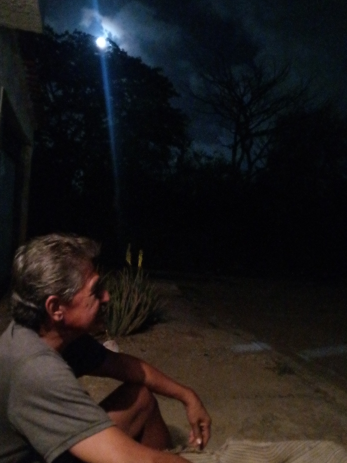 A man with gray hair sits outdoors at night, illuminated by moonlight. He wears a gray t-shirt and faces to the left, with his arms resting on his legs. Behind him are plants and trees silhouetted against a dark sky with a bright moon partially obscured by clouds. The foreground appears to be a dirt or sandy surface. The overall scene is dimly lit, creating a contemplative and shadowy atmosphere.