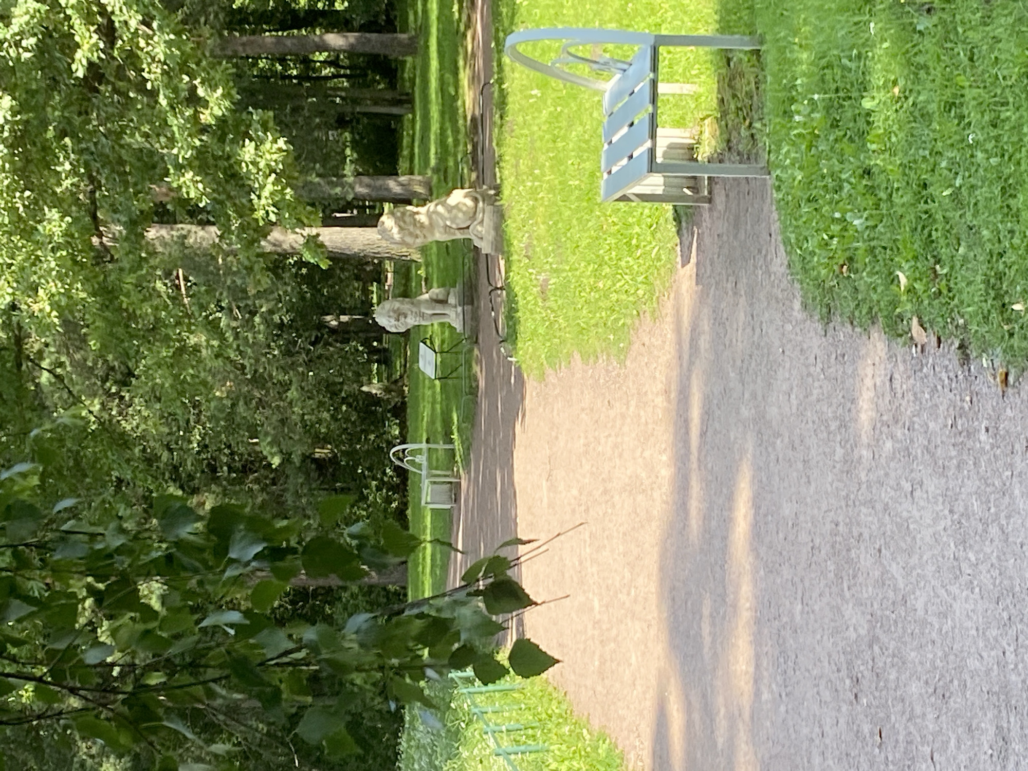 The image depicts a paved pathway in a park-like setting with lush green grass and mature trees. In the foreground, to the right, is a modern, light blue bench with a slatted seat and back. The pathway curves to the left and recedes into the distance. On the left side of the pathway, a green metal fence runs along the edge of the grass. Further down the pathway, two stone lion statues are positioned on pedestals. Behind the statues, a white metal bench with a curved back is visible. The background consists of dense foliage and tree trunks, suggesting a natural, wooded environment. The lighting indicates it is daytime, with shadows cast on the pathway. The scene is quiet and appears to be a public park or garden. This image was likely taken in Pavlovsk, Russia, a city known for its grand imperial parks.