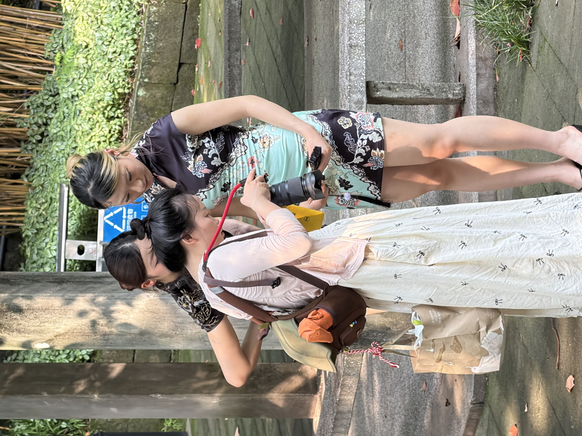 The image depicts three East Asian women in an outdoor urban park setting within Yuzhong District, China, under clear, sunny conditions with strong shadows.
In the center, a woman with dark hair tied in a bun wears a light pink long-sleeved top and a long, off-white skirt patterned with small black bow-like motifs. She carries a brown leather shoulder bag with an olive green flap, from which an orange fabric item protrudes. A red and white braided rope hangs from the bag. She holds a black digital camera with a substantial lens (identifiable by a red ring) in both hands, looking down at its rear screen. A red flexible cable is connected to the camera. A light brown paper bag with Chinese text and illustrations rests on the ground beside her.
To her right, a woman with dark hair and blonde highlights, styled in a high bun, wears a short, cheongsam-style mini-dress featuring a black upper portion and a light teal lower portion, both adorned with a floral and paisley pattern in white, pink, and muted green. She has a piercing above her left eyebrow and a nose stud. She looks down intently at the camera screen held by the central woman, with her right hand resting casually on her midsection. She wears dark open-toed footwear.
Partially obscured behind the central woman's left shoulder, the third woman's head and right arm are visible. She has dark hair in a bun and wears a dark top with gold-colored embroidery or patterns on the sleeve. Her right arm rests gently against the central woman's back.
The ground is composed of light gray concrete paving, with scattered reddish-brown fallen leaves and a thin brown twig. To the left, two tall, light-colored concrete pillars, showing signs of wear and age, stand vertically, casting distinct shadows. Behind the central and right women, a low concrete retaining wall is visible, beyond which lush green foliage and ground cover thrive. A partially obscured blue and white sign, displaying a triangular recycling symbol and Chinese characters, is visible behind the heads of the central and right women. In the background, a dense cluster of thin, vertical bamboo stalks rises above the greenery.