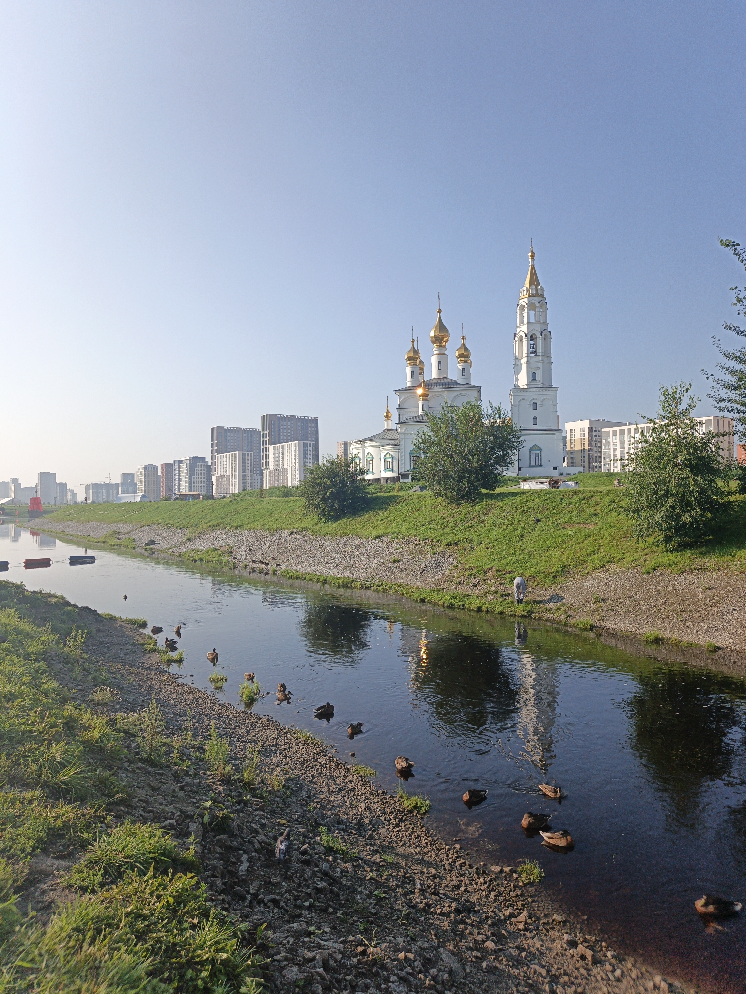 This image captures a serene waterscape in Yekaterinburg, Russia, specifically along the Iset River. In the background, a prominent white church with golden domes stands against a clear blue sky, reflecting the morning sun. Adjacent to the church, modern high-rise buildings form a stark contrast with the traditional architecture. The foreground features the calm waters of the river, populated by several ducks swimming near the rocky bank. A person in white clothing is visible on the grassy embankment, tending to the area. The scene is bathed in the soft light of early morning, creating a peaceful and picturesque ambiance within the urban environment.