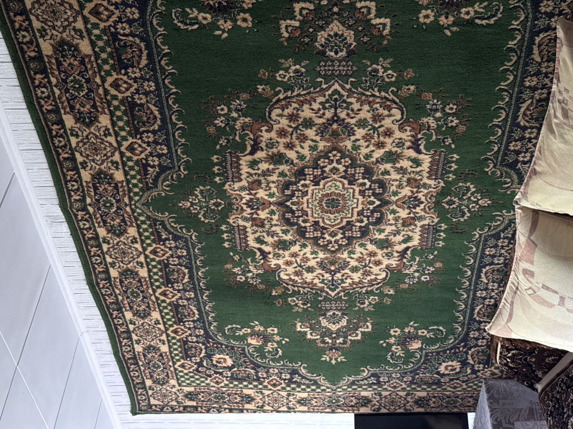 The image shows a large, ornately patterned green rug hanging on a wall. The rug features intricate floral designs and geometric borders in shades of beige, brown, and dark blue. The wall behind the rug appears to be white and textured, with a white ceiling above. In the foreground, the top of some furniture is visible, including cushions. The lighting suggests an indoor setting. No specific location in Shymkent, Kazakhstan is identifiable from the image.