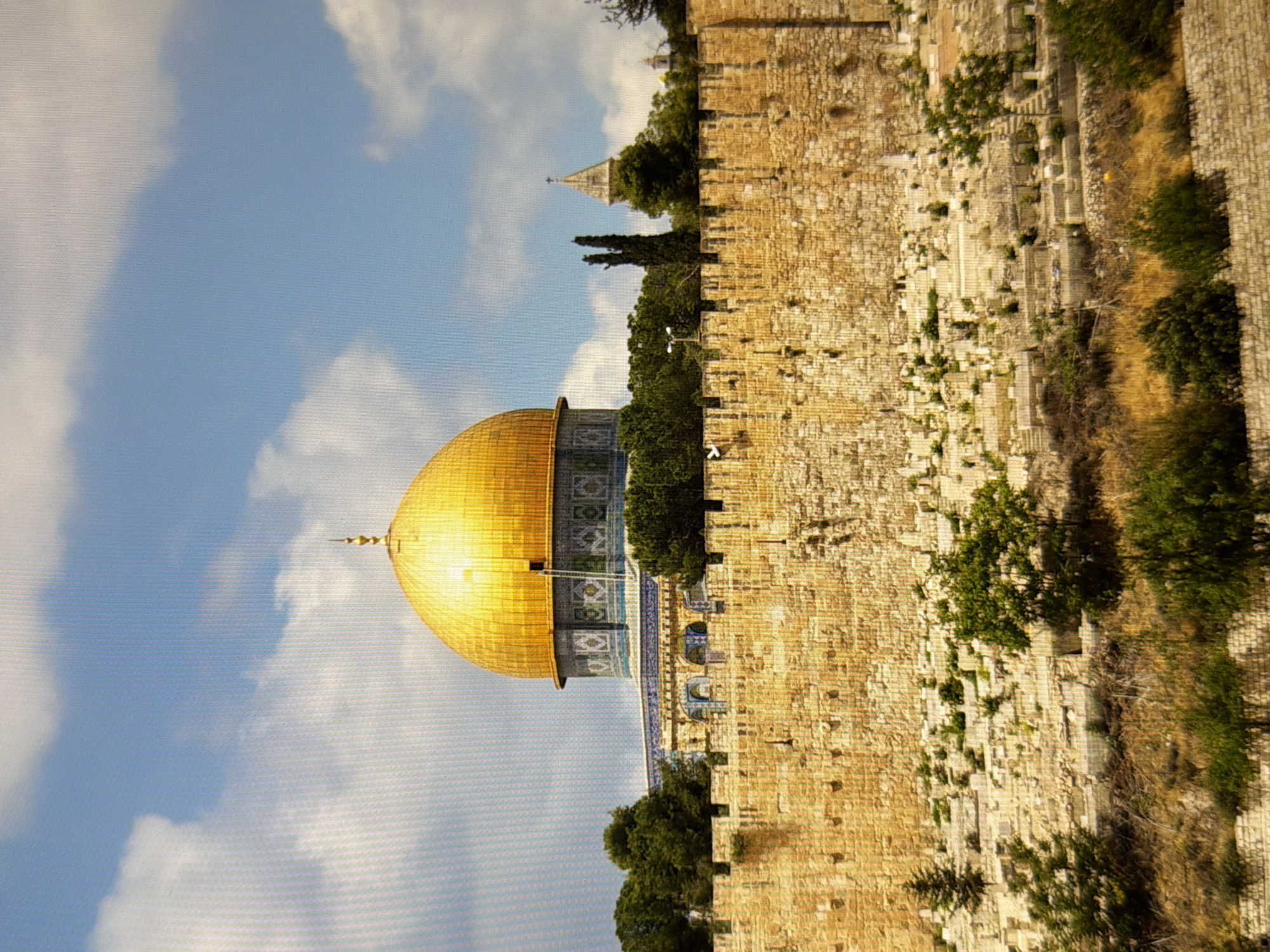 The image shows the Dome of the Rock, a famous landmark in Jerusalem, Israel. The golden dome is prominently featured against a backdrop of a blue sky with white clouds. In the foreground, a large, ancient stone wall stretches across the frame, partially obscuring the view of the building and the trees behind it. The wall is constructed of large, rough-hewn stones. Below the wall, the ground is covered with scrubby vegetation and some scattered stones. The environment appears to be dry and sunny. There are no people visible in the image. The presence of the Dome of the Rock clearly indicates that the location is Jerusalem, not Kyiv, Ukraine.