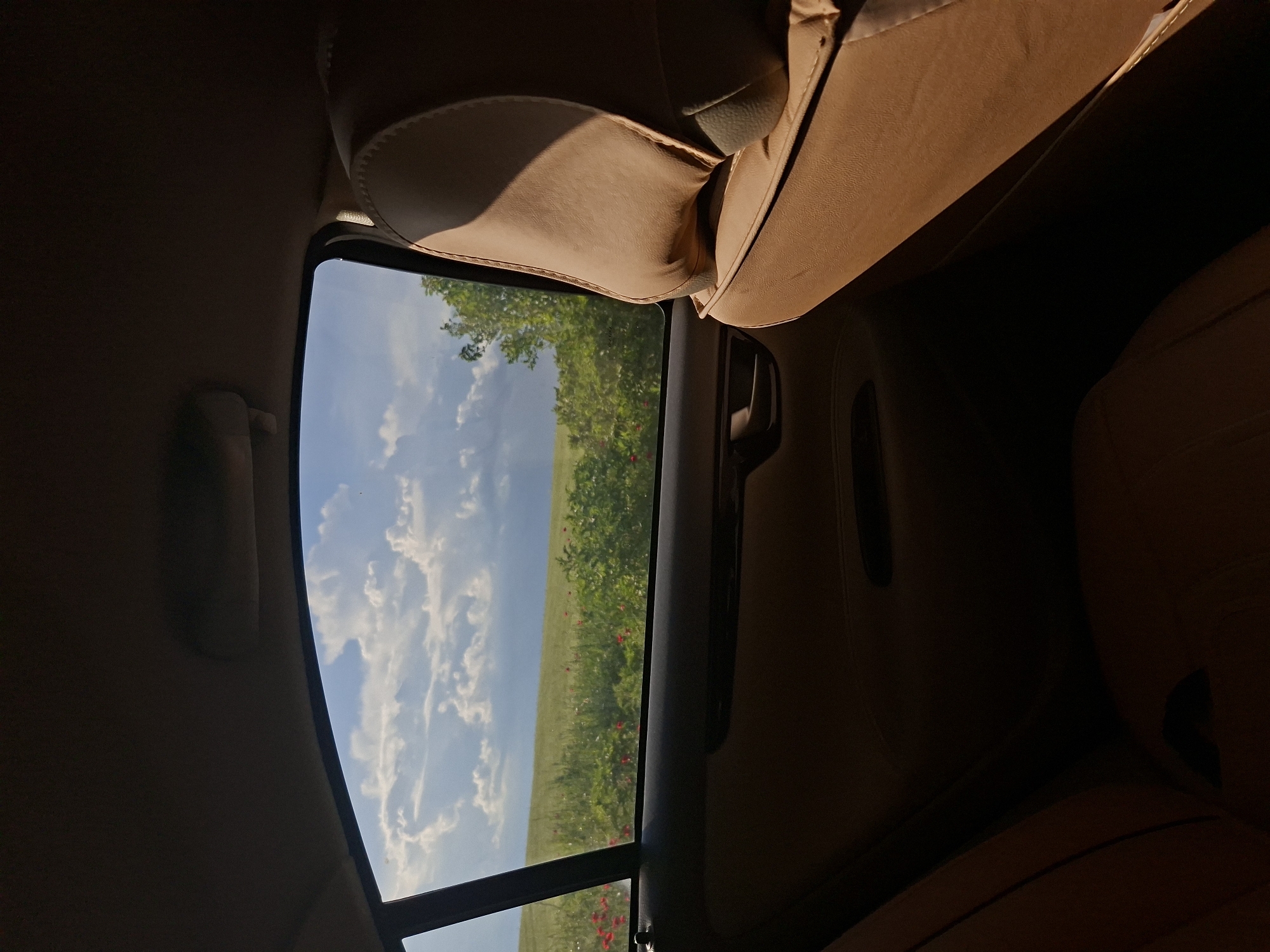 The image depicts a view from inside a car. The interior is beige and shows car seats and trim. Through the car window, there is a view of a field with green grass and red flowers, with a cloudy blue sky above. The location is identified as Pobeda, Bulgaria. No people are visible.