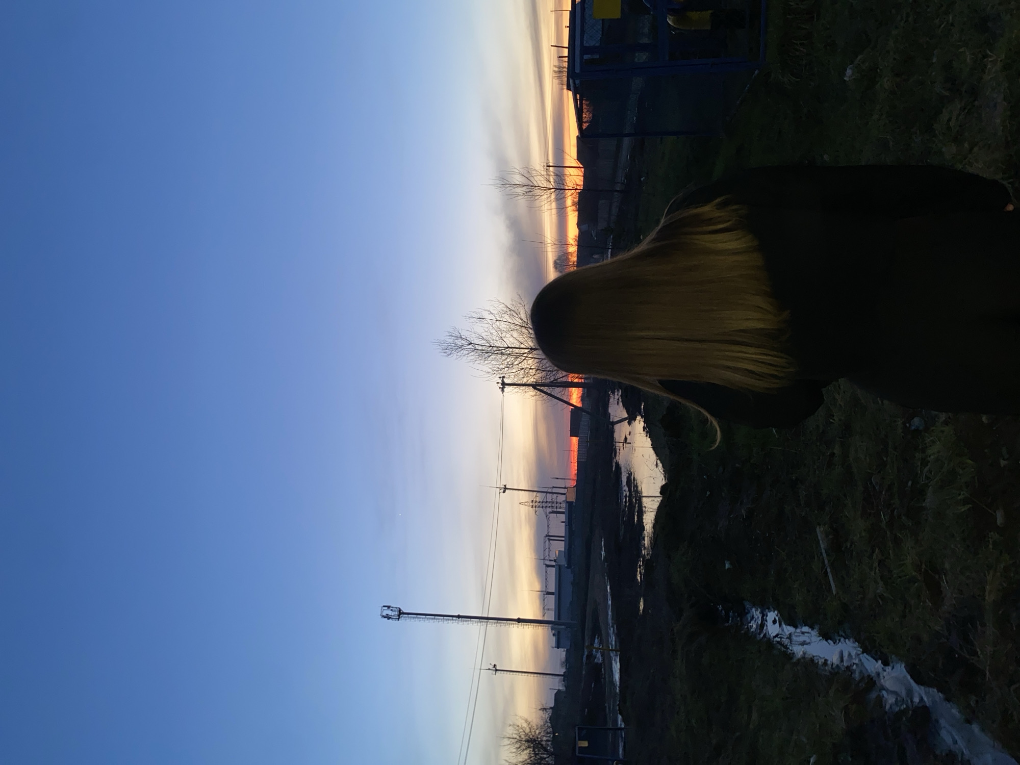 A low-angle, near-vertical outdoor shot depicts a dusk or dawn scene in what appears to be an industrial or rural area of Chaikovsky, Russia. A woman with long, blonde hair is partially visible, her back to the camera, obscuring a portion of the view. The sky is gradated from a deep blue on the left to hues of orange, yellow, and pink near the horizon. Overhead power lines and towers stretch across the scene, suggesting an industrial or sparsely populated area. Reflections in standing water are visible along the bottom right edge, hinting at wet conditions or a recent rain. Patches of dark grass or foliage are visible in the foreground, while distant buildings and structures are silhouetted against the colorful sky. A bare tree branch is also visible.