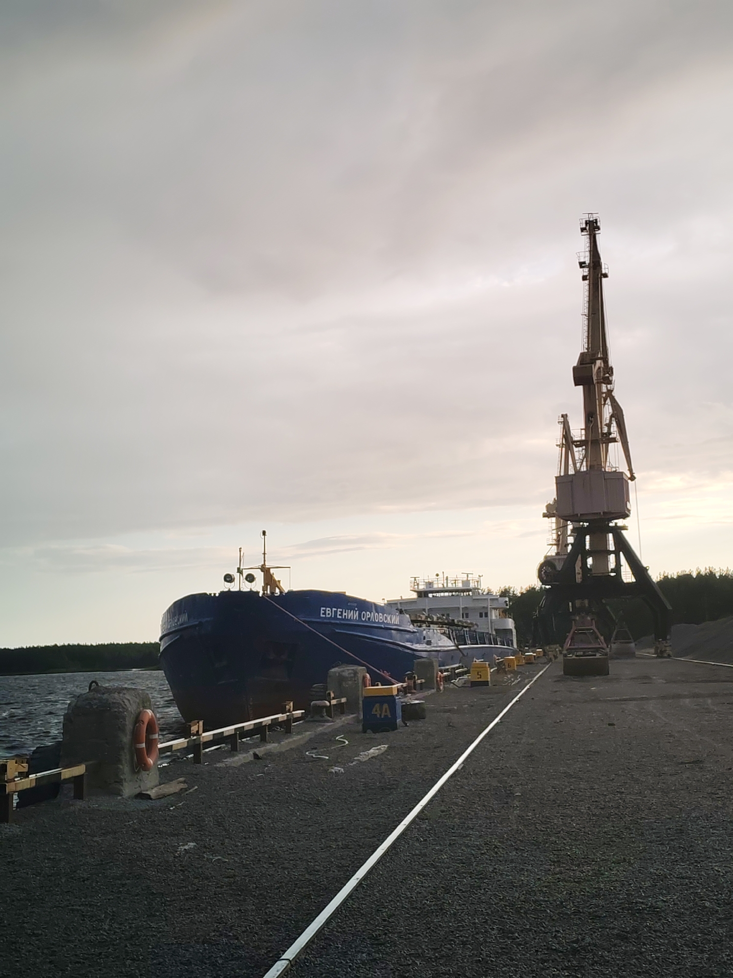 In Shal'skii, Russia, a cargo ship named "Евгений Орловский" is docked at a port under an overcast sky. The ship, painted dark blue, is positioned to the left of the frame, with its bow facing away from the viewer. To the right, a large industrial crane stands tall, its boom extended over the ship. The port area is paved with dark gravel and features railway tracks running parallel to the dock. Several yellow bollards are visible along the edge of the dock, and a life preserver is attached to a concrete post. In the background, a line of trees borders the port. The water next to the dock appears choppy. The lighting suggests it is either early morning or late evening. There are no people visible in the image.
