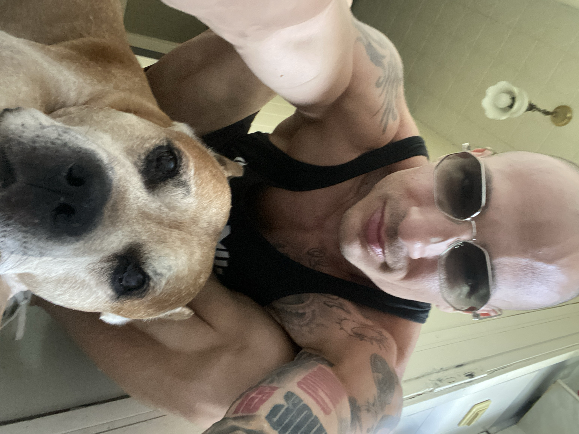 A low-angle, close-up selfie shows a muscular, bald man wearing sunglasses and a black tank top, crouching down beside a light brown dog. The man has tattoos on his arms and shoulders. The dog's head fills the lower portion of the frame, with its face turned towards the camera. The background appears to be an indoor setting with a ceiling light fixture visible. There is no information in the image to suggest the location is in the city of Pleven, Bulgaria.